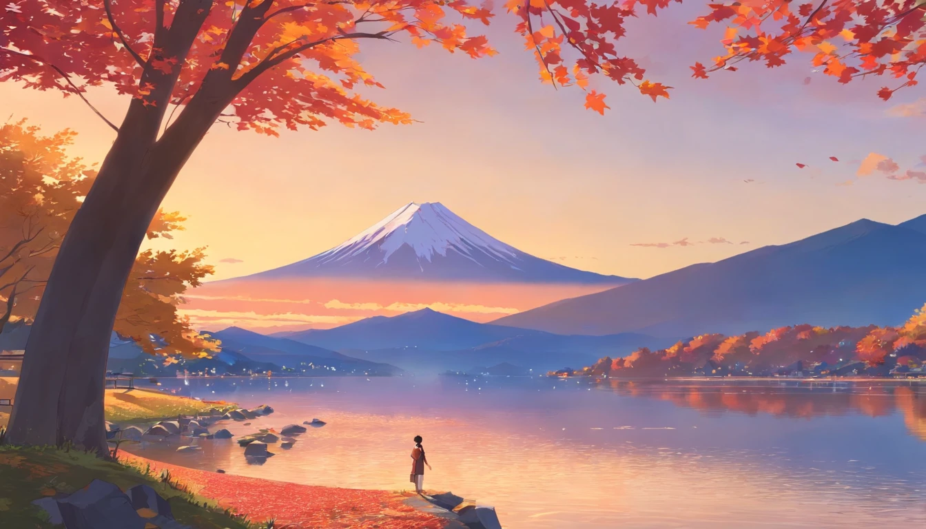Autumn leaves in Japan、Autumn leaves that look like the mountains are burning、Sunset、Autumn leaves that look red in the setting sun、Mt fuji、lake、Autumn leaves reflected on the surface of the lake、