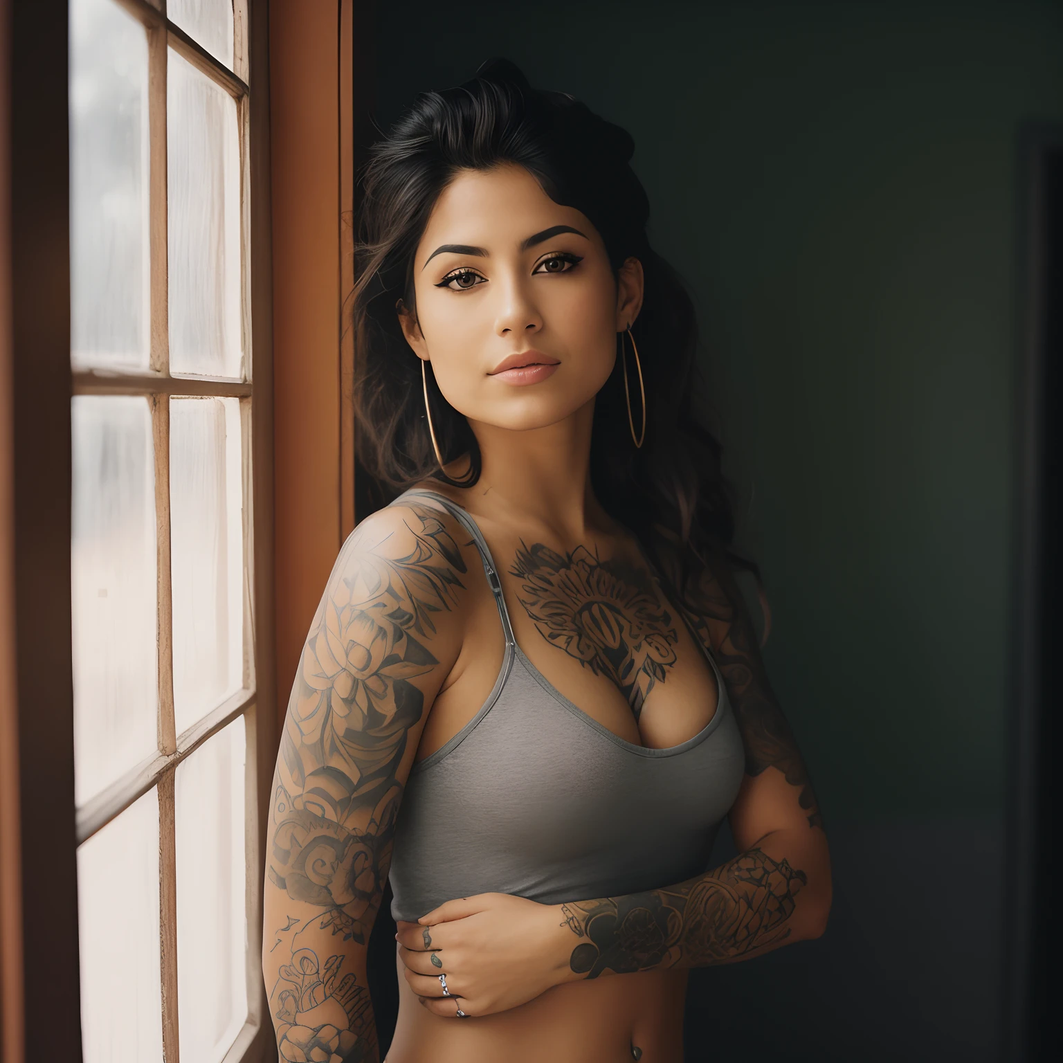 Mujer Arafed con tatuajes parada frente a una ventana, con tatuajes, cuerpo tatuado, Foto de una mujer hermosa, tatuado, Retrato de la parte superior del cuerpo, de chica taiwanesa con tatuajes, Entintado, Manga de tatuaje en su brazo derecho, hermoso cuerpo y rostro detallados, Tatuajes, hermosa parte superior del cuerpo, Mujer preciosa, Mujer atractiva, cuerpo completamente tatuado, Hermosa mujer mexicana