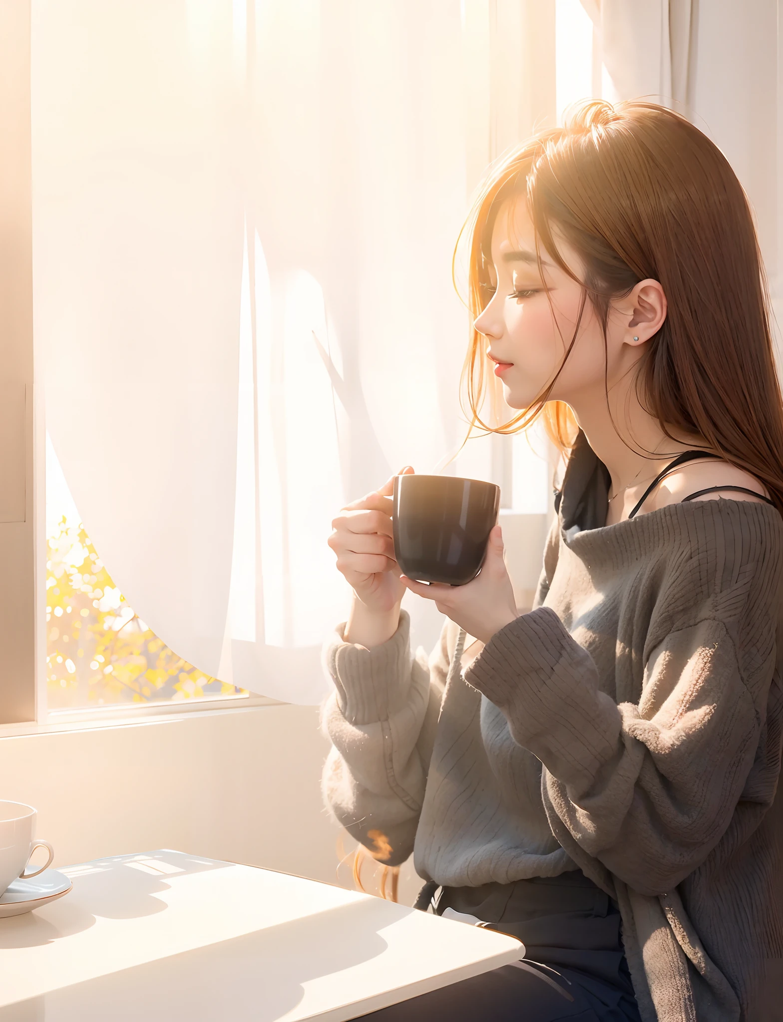 Morning coffee time、There is an unparalleled beauty、It has a fine skin luster.、Enjoy the gorgeous aroma of coffee on a refreshing morning、