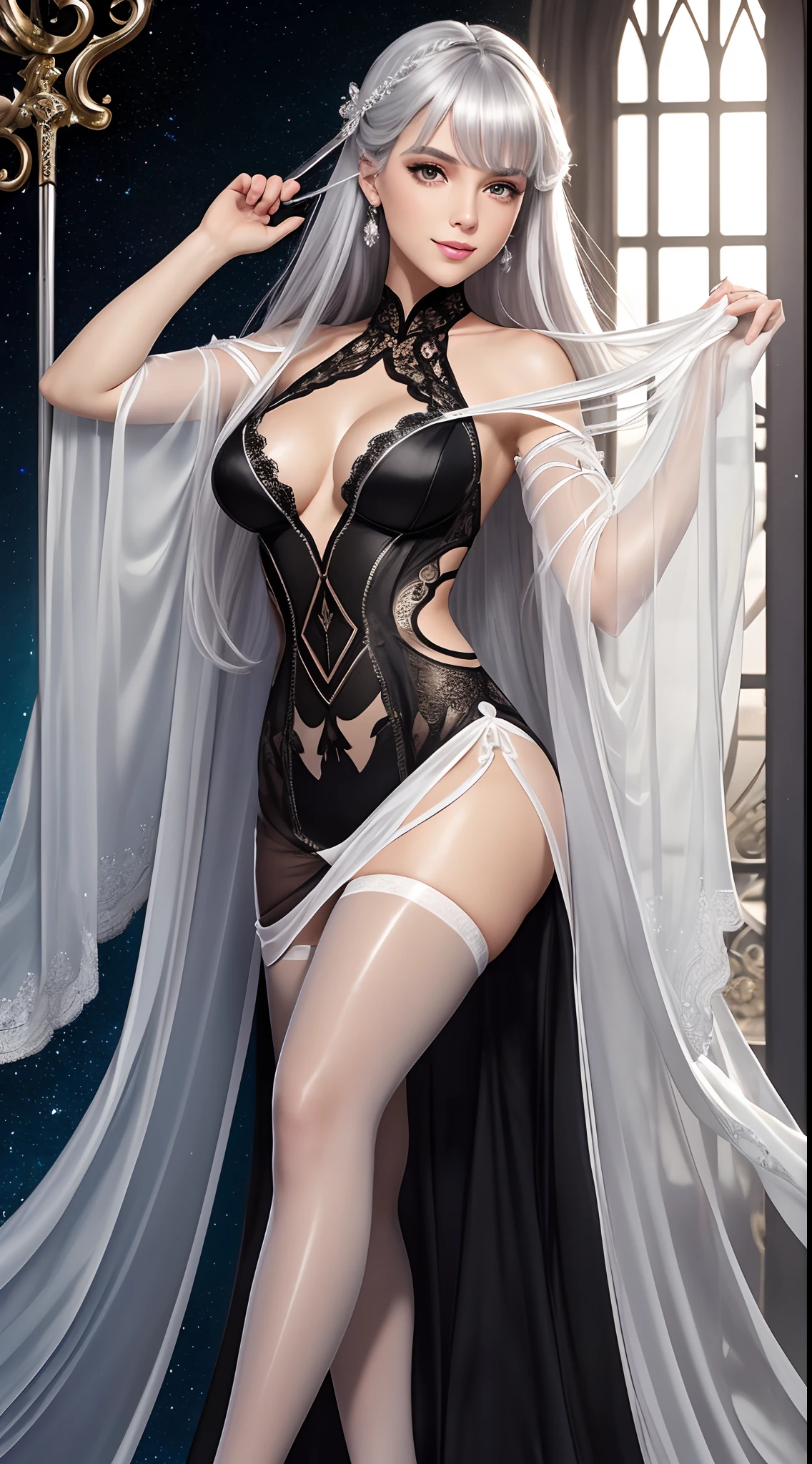 (Best quality, Ultra-detailed, photo-realistic:1.2), Vivid saturated colors, Portrait, soft pastel tones, Sparkling highlights, Cascading silver hair, Silky hair, Strong black eyes,Reflective pupils, Long eyelashes, Red eyebrows, Sweet and shiny lips, smiling expression, (Place 1 to 4 fingers on the corners of your mouth), Glamorous black lace cutout dress, White sheer silk stockings, Glossy heels. Four translucent arms,Hold a glittering sword.