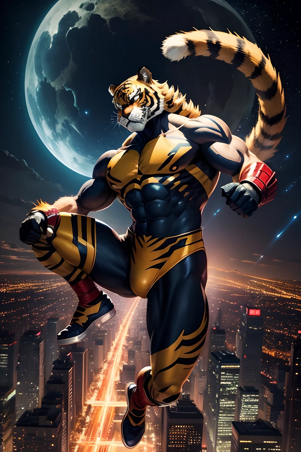 tiger mask, marvel style, full body, flying power, night sky, city below, masterpiece, ultra high detail, ultra high quality