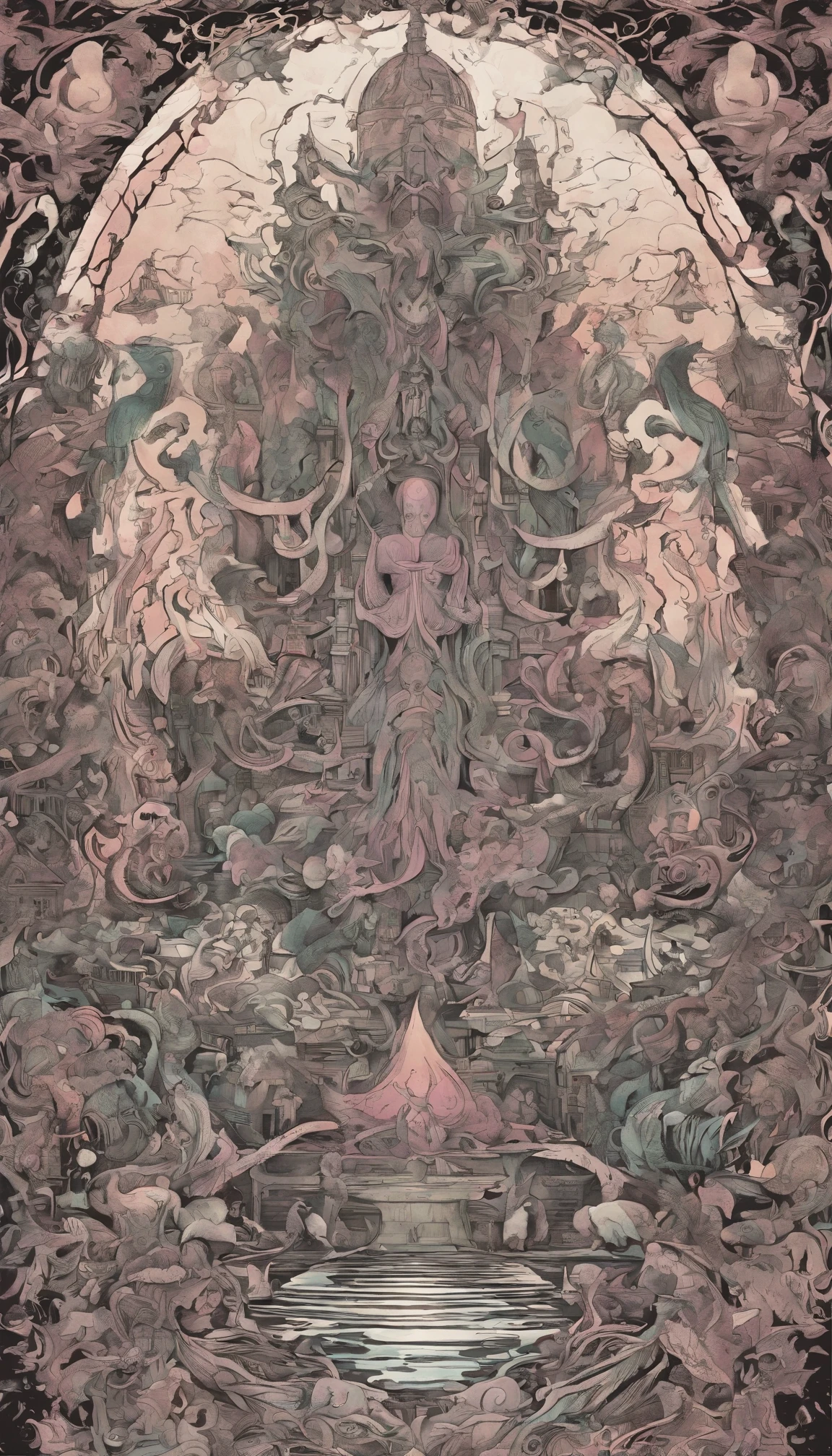 From the depths he emerges,
The Cthulhu's Parade in crimson hues.
Whispers of the otherworldly echo,
A festival where madness and beauty fuse.

In the night sky adorned with abyssal splendor,
Feathers stained with blood dance and soar.
Entwined by threads of fate,
The deranged revel in ecstasy's roar.

Oh mighty Cthulhu, ruler of the depths,
In our pursuit of desires so forlorn,
We embark on a path of madness and despair,
Guided by the disciples of the one we adorn.

On the grand boulevard, grotesque forms stride,
Where terror and beauty intertwine.
In the realm betwixt dreams and nightmares,
We surrender ourselves to euphoria's shrine.

Praise his name, the great Cthulhu,
Monarch of the abyss, the wellspring of our insanity.
In this eternal procession's stage,
We celebrate the coming of the world's calamity.