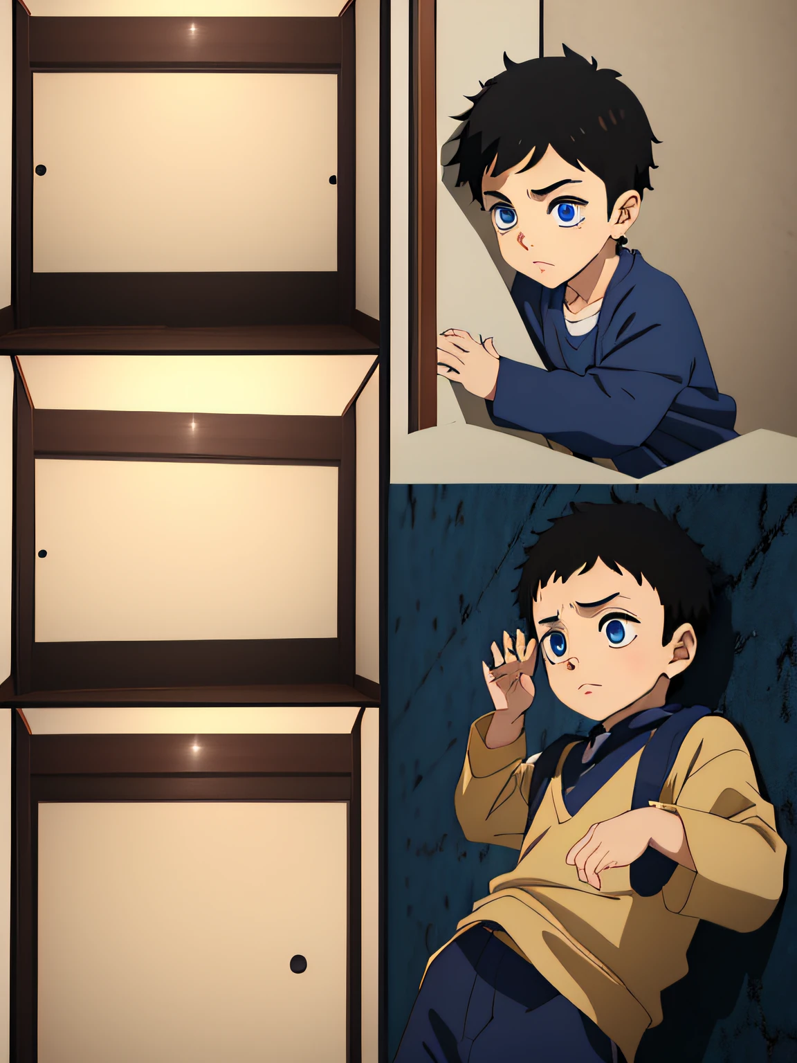 , anime, concern, with short dark hair, blue eyes, young age, character et, different poses, game props, with one eye closed, with his ear against the wall, different poses