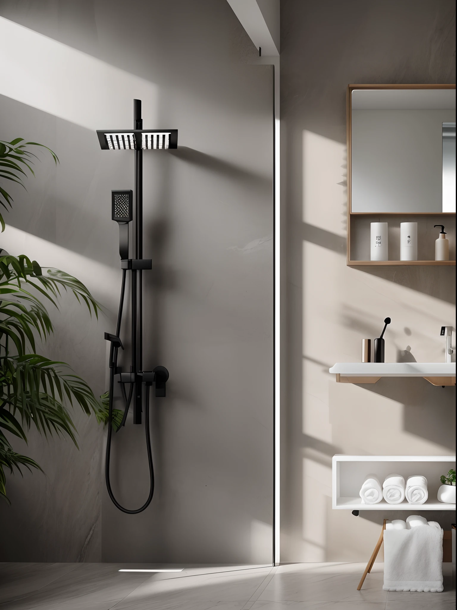 RAW photo a bathroom luxurious, in of minimalist style, dark stone , white, wood dark, black shower faucet,color scheme, shadow , volumetric light , point light, noon light , naturalistic renderings, studio photos, intricate details, luxurious and spacious, beautiful, 8k uhd, dslr, soft lighting, high quality, film grain, Fujifilm XT3 , vray