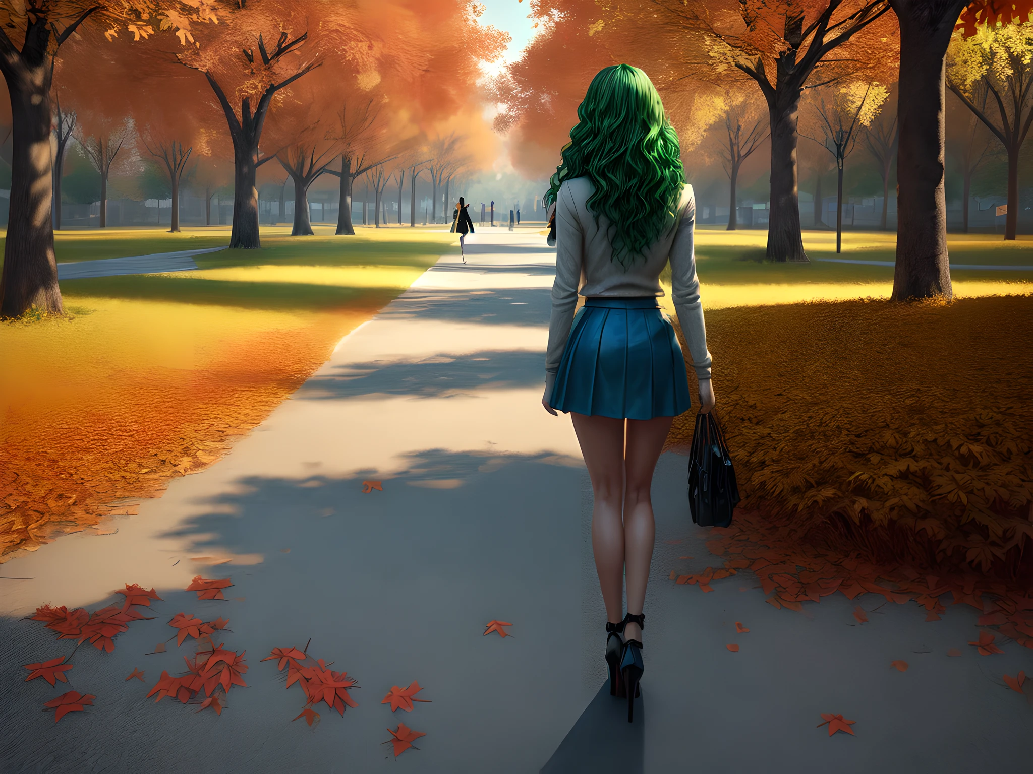 a model shot of woman walking in the park at autumn, a young woman, wearing a (short blue skirt: 1.1), (green hair: 1.1), long hair, wavy hair, high heels, strolling in the park at autumn, a shot from the rear, she is leaving, no looking back, there are leaves on the road, many leaves in red, orange and brow, full spectrum, vibrant colors, urban park at autumn background, trees with orange, red, yellow leaves, a sense of departure, glamours shot, best quality, 16k, RAW, award winning, [ultra detailed], masterpiece, best quality, (ultra detailed), full body, ultra wide shot, photorealistic, 3D rendering