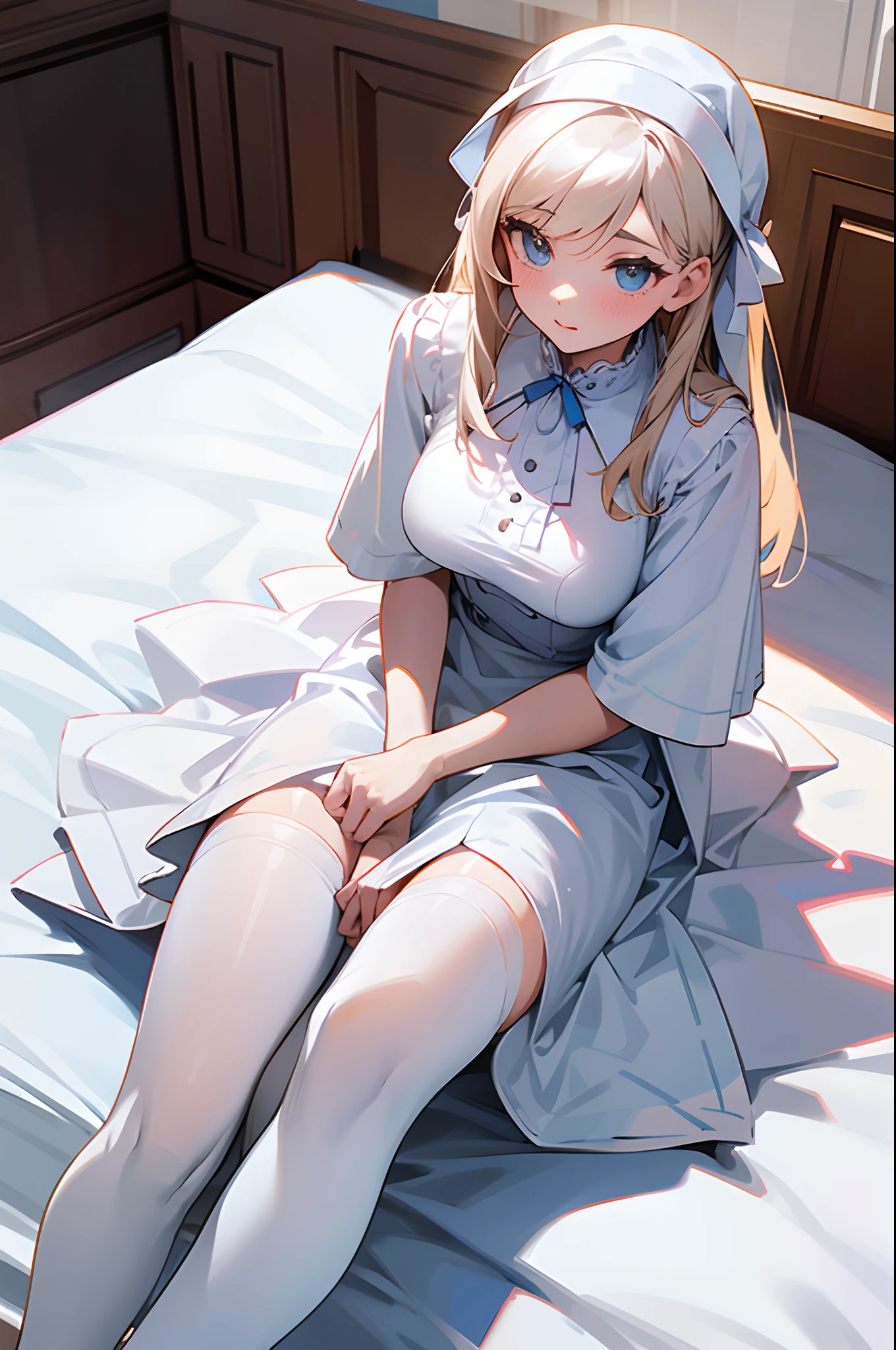 nsfw,a bed,Lying down,Open your crotch,Raise both legs,White panties,show off panty,a blond,aalillie, long hair, ponytail, french braid, white shirt, short sleeves, white skirt, pleated skirt,Smile with open mouth,nimbly,Skirt combing,,Hold down the skirt,Navel out,Top image quality,Masterpiece,Best Quality