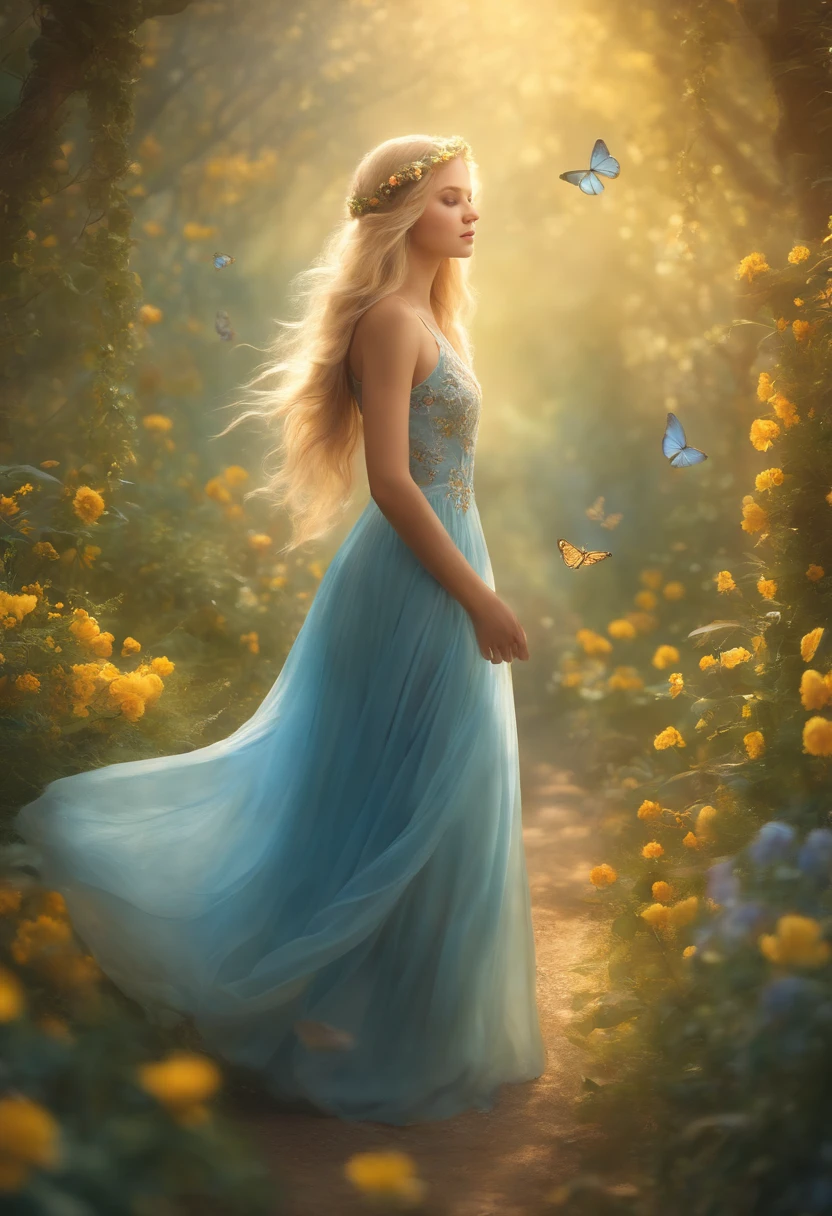 (high quality,ultra-detailed),girl,garden,fantasy,illustration,portrait,blond hair,blue eyes,dreamy expression,flowing dress,sunlit,yellow flowers,enchanted forest,lush greenery,misty atmosphere,butterflies dancing around,the girl standing in a beam of sunlight,soft pastel colors,ethereal lighting, long legs
