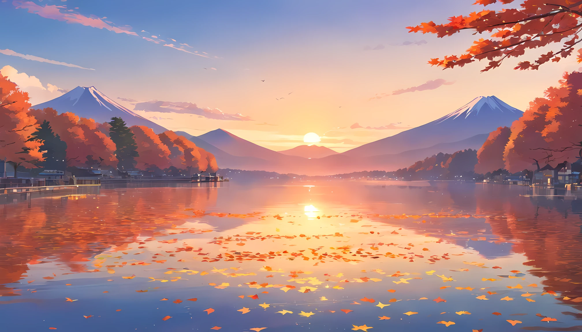 Autumn leaves in Japan、Autumn leaves that look like the mountains are burning、Sunset、Autumn leaves that look red in the setting sun、Mt fuji、lake、Autumn leaves reflected on the surface of the lake、
