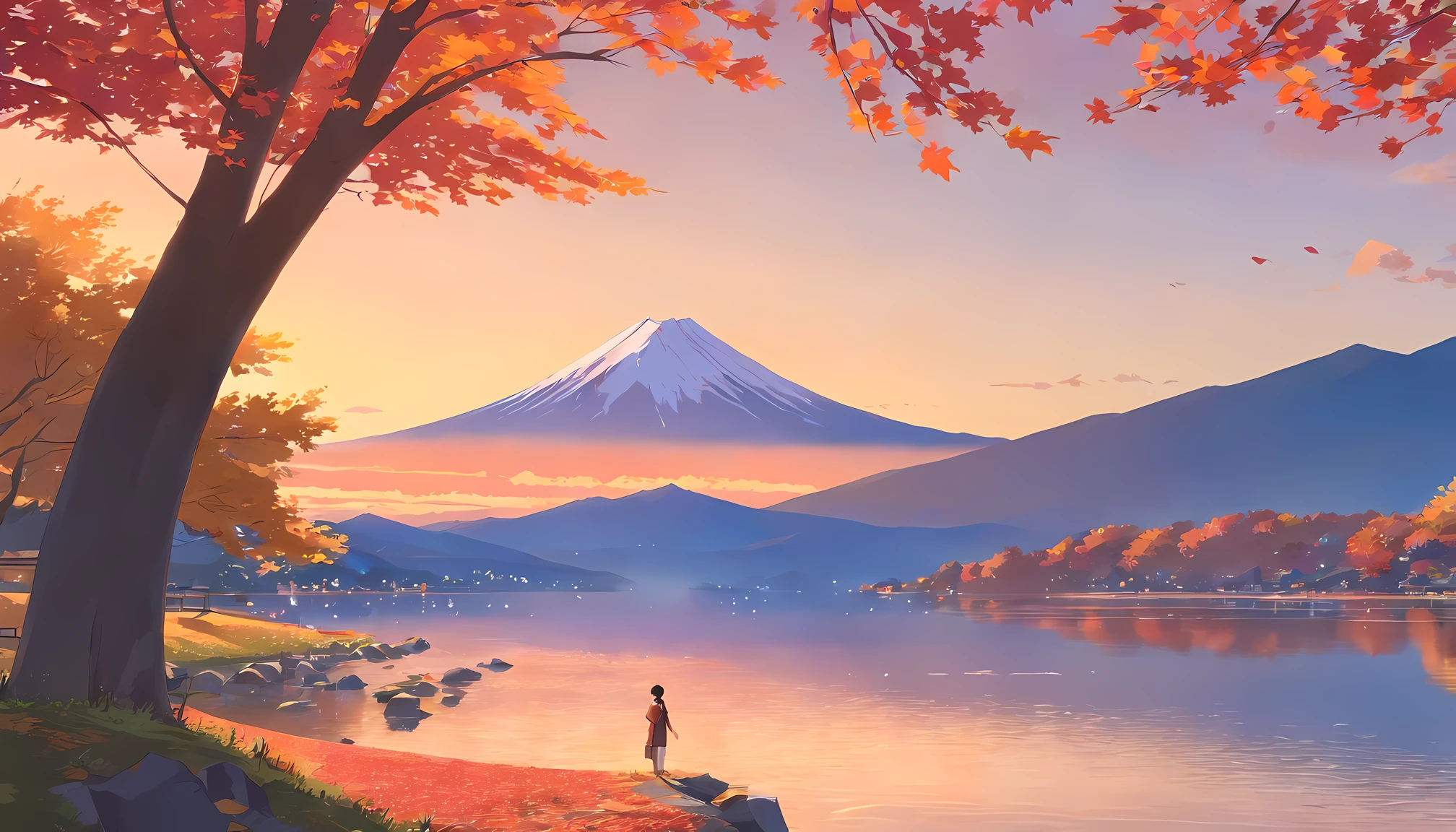 Autumn leaves in Japan、Autumn leaves that look like the mountains are burning、Sunset、Autumn leaves that look red in the setting sun、Mt fuji、lake、Autumn leaves reflected on the surface of the lake、