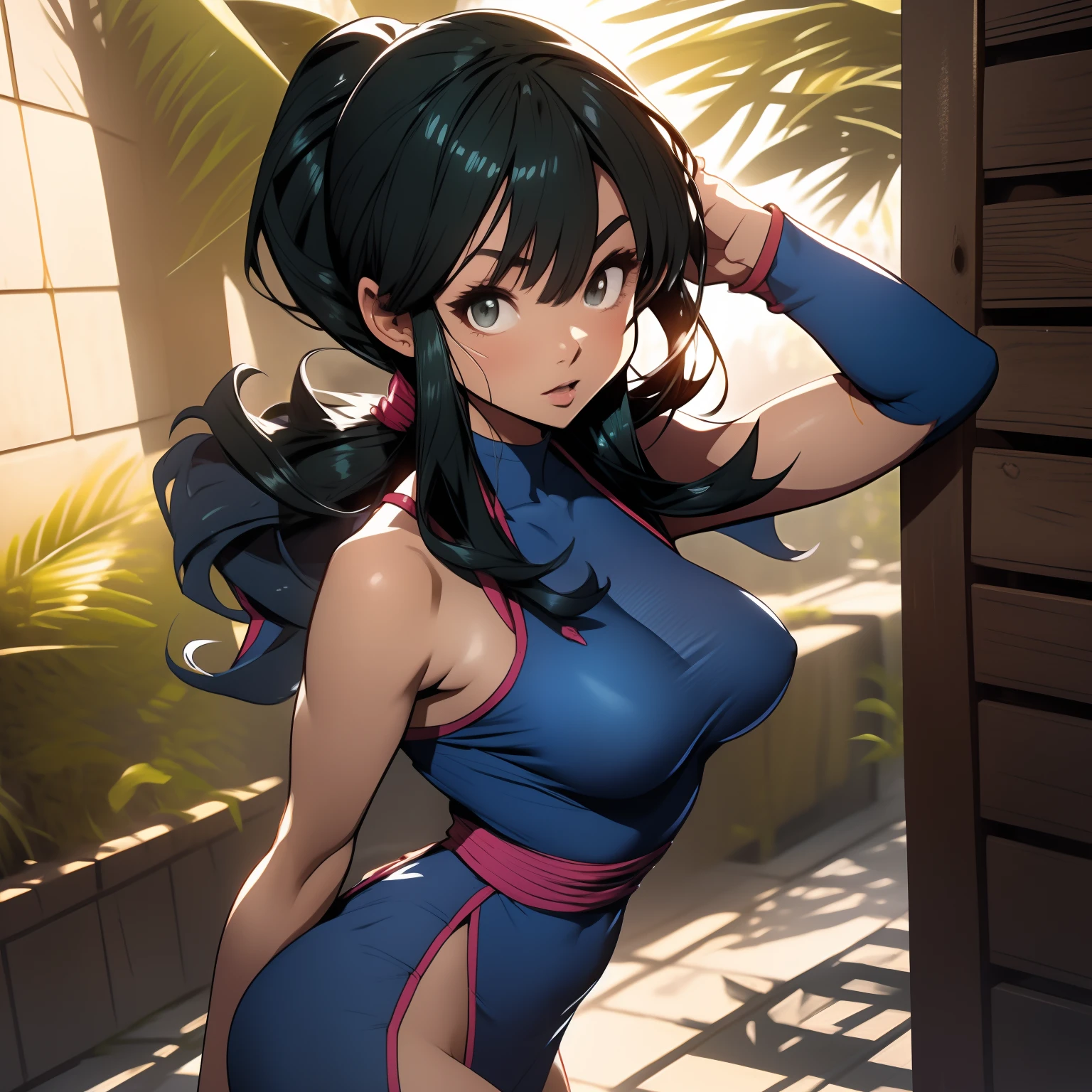 (obra maestra, La mejor calidad:1.2), Chichi Waifu, Chichi, dragonball, broad light, cinematic lighting, dragon ball,Cabello largo, ponytail, Cola de caballo, cabello negro, hombros descubiertos, escote, brazos descubiertos, bare shoulders, naked arms, hands on breasts, cabello en movimiento,Dynamic hair,flequillo contundente, bloqueos laterales, ojos marron claro, escote,Vestido chino, vestido azul sin mangas, mostrando muslos, piernas hermosas, posando sexy, Sensual, coqueta, fondo realista, cleveage, flirty, ultra detailed face, mostrando muslos, Retrato de cuerpo completo,