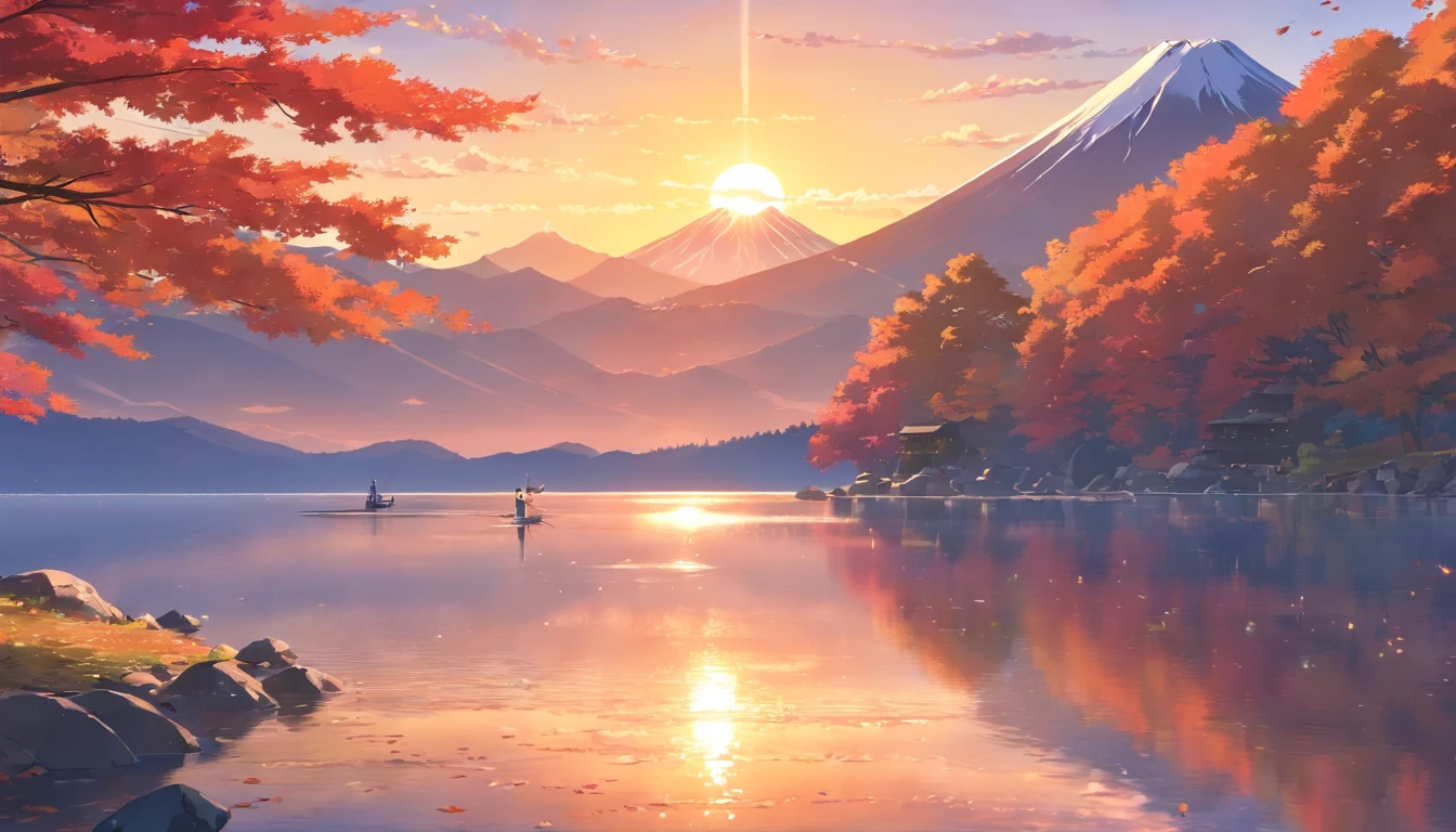 Autumn leaves in Japan、Autumn leaves that look like the mountains are burning、Sunset、Autumn leaves that look red in the setting sun、Mt fuji、lake、Autumn leaves reflected on the surface of the lake、