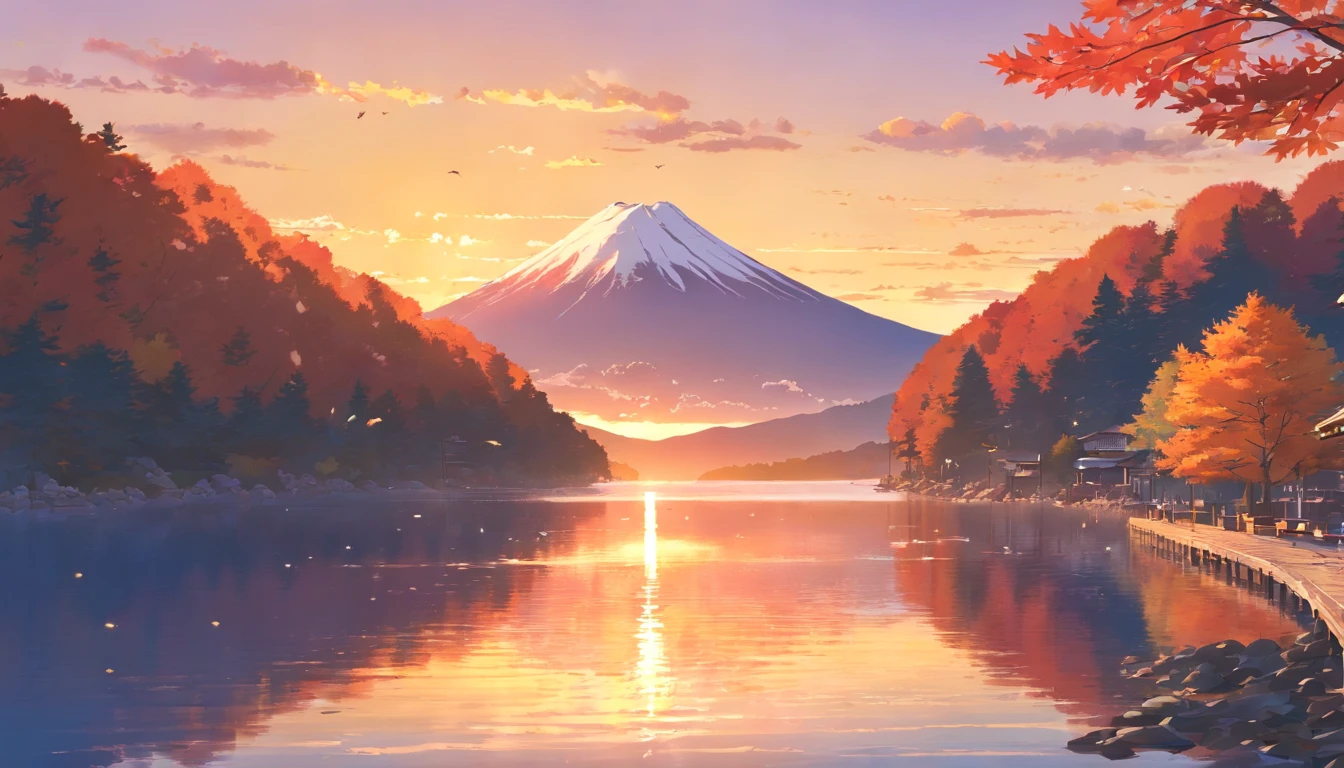 Autumn leaves in Japan、Autumn leaves that look like the mountains are burning、Sunset、Autumn leaves that look red in the setting sun、Mt fuji、lake、Autumn leaves reflected on the surface of the lake、