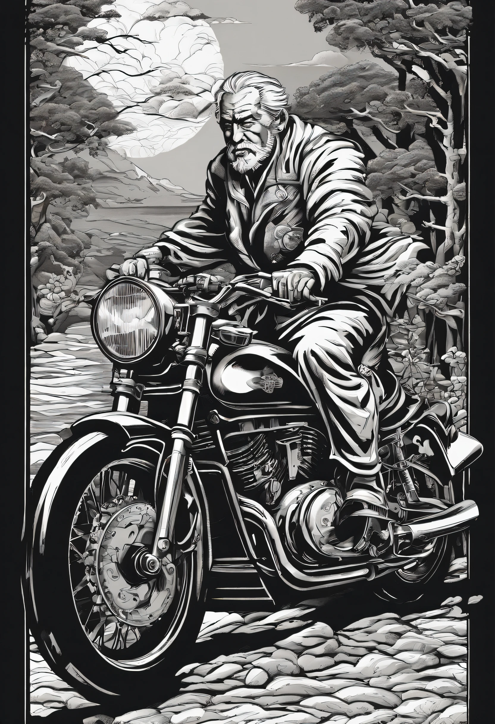 "(Old man on black motorcycle+rot+blanche), Red ducati、incredible details, Traditional background of Japan, Magnificent illustrations, Perfect picture quality"