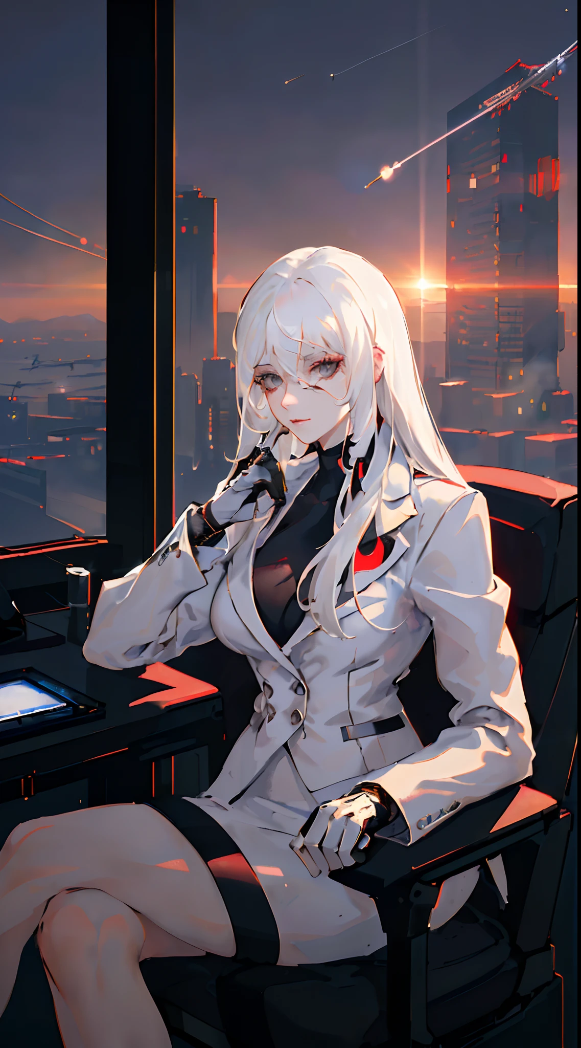 (masterpiece:1.3), (8k, best quality: 1.4), (1girl), beautiful face, (realistic face), Nice hairstyle,,Nice detail eyes,(),Beautiful Skin,Ridiculous,attractive,Ultra high Resolution,an ultra realistic,RAWExtremely detailed,golden proportions, Woman wearing business outfit, white formal blazer, white blouse, white high waist business skirt, beautiful, masterpiece, best quality, perfect lighting, (white hair:1.4), long hair, messy hair, (grey eyes:1.2), slender build, thin, medium breasts, business woman, ceo of small arms and aerospace centered mega corporation, sitting in luxurious black office chair, giant modern window with view overlooking dusk cyberpunk city skyline in background, torso shot, dusk, (cyberpunk city background:1.3), (Hazy sky:1.2), (Dim red sun:1.3), eyelashes, dark eyeliner, cyberpunk, older, sleek modern-futuristic office, (white clothes:1.2), (aerospace:1.1), (distant contrail rising up into the sky:1.3)