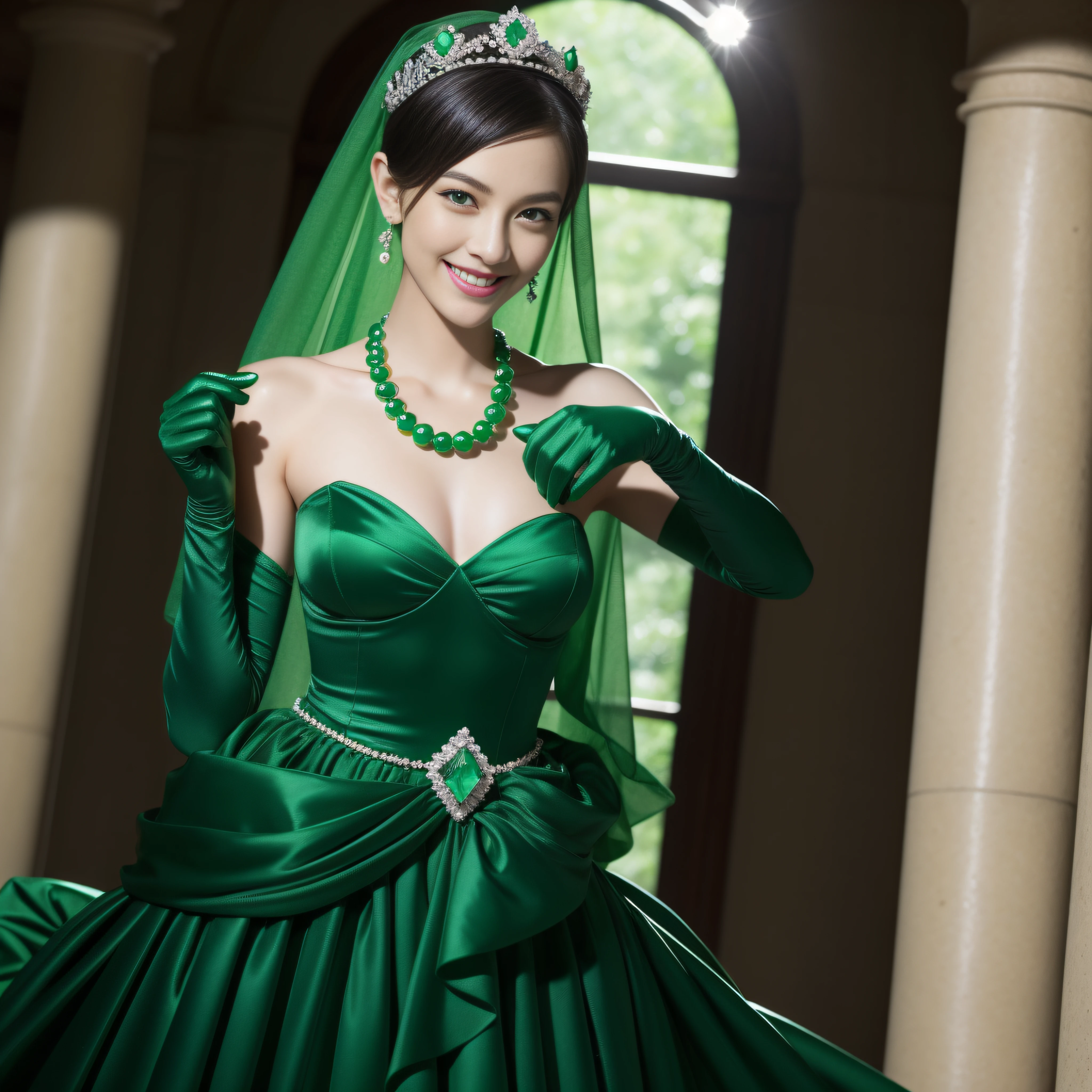 emerald tiara, Green Pearl Necklace, Boyish very short black hair, lipsticks, Japan woman smiling, very short short hair, big breasts beautiful, Green eyes, Long green gloves made of satin material, Green eyes, Emerald Earrings