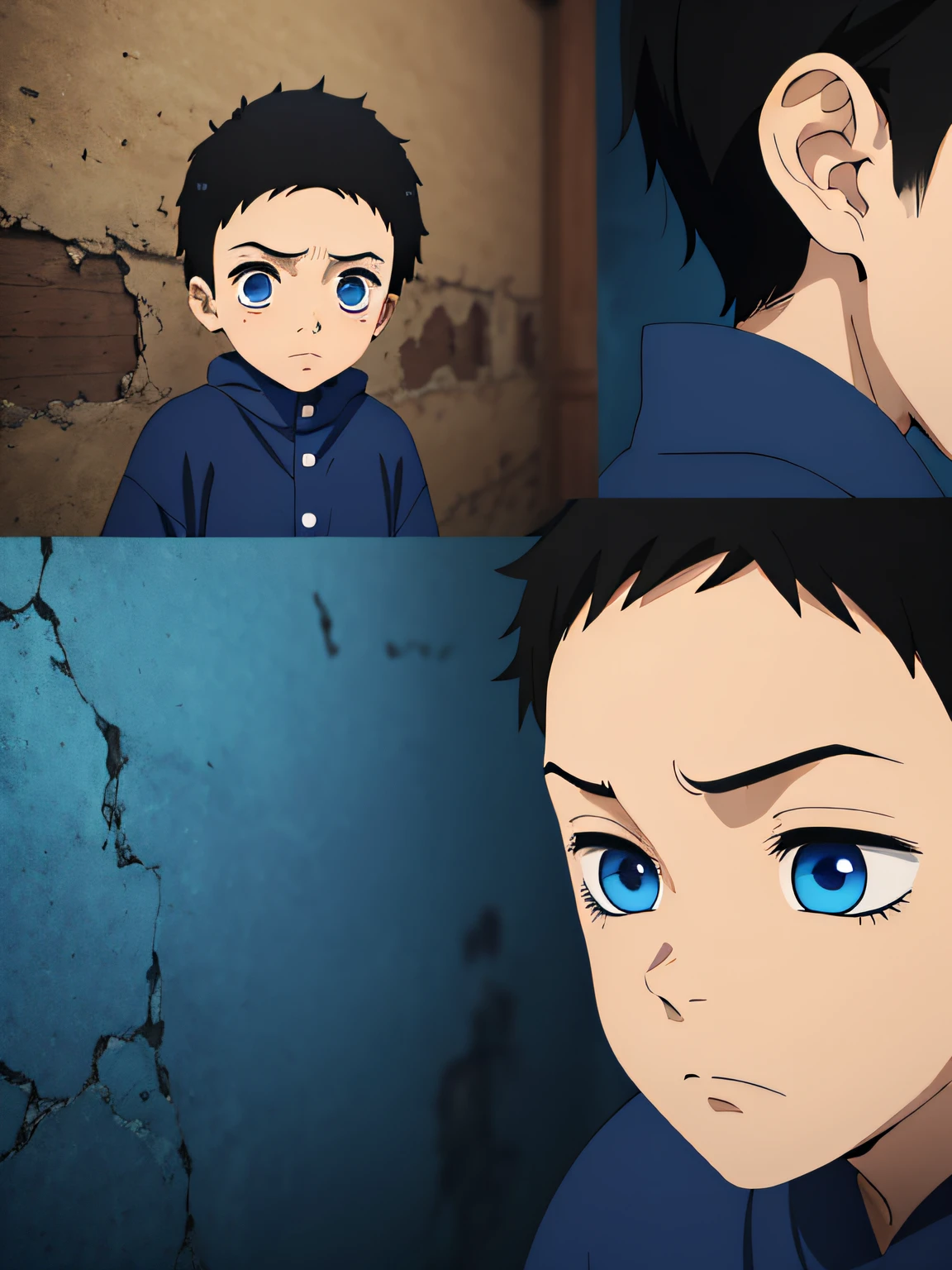 , anime, concern, with short dark hair, blue eyes, young age, character et, different poses, game props, with one eye closed, with his ear against the wall, different poses