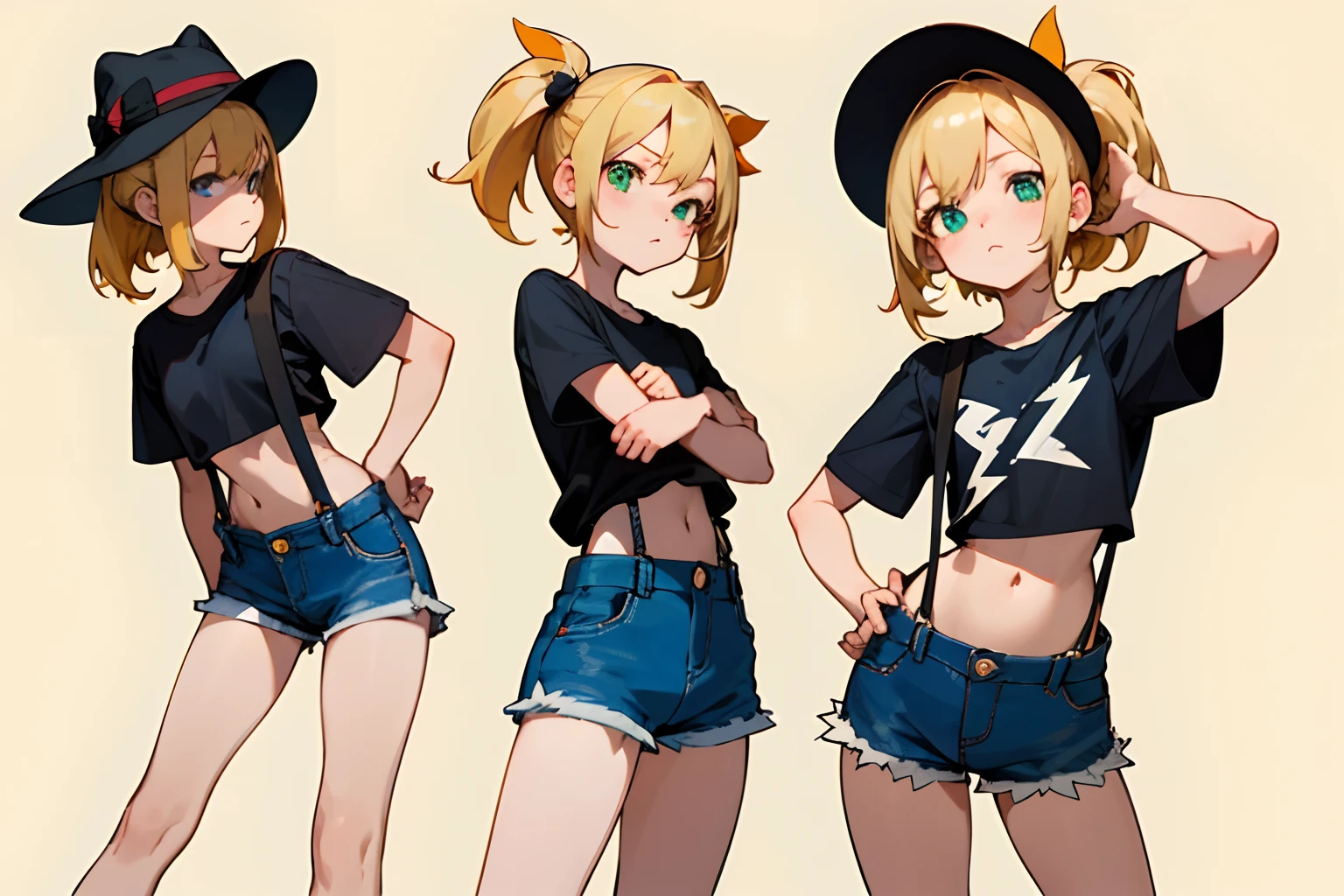 masterpiece,top-quality,((character sheets,Same character,gauges,Lateral face,soles)),environment change scene,Pose too,Hairstyle Fax,Pose Jitai,Chartaran Betarola,(simple background、white backgrounid:1.3),illustratio,1人,Petite girl,a blond,Green eyes,Black hat printed with lightning symbol,Navel Ejection、Black T-shirt with lightning symbol printed on it,Low-rise denim shorts,suspenders,I have a bearded teddy bear,Multi-view of the same character in the same costume