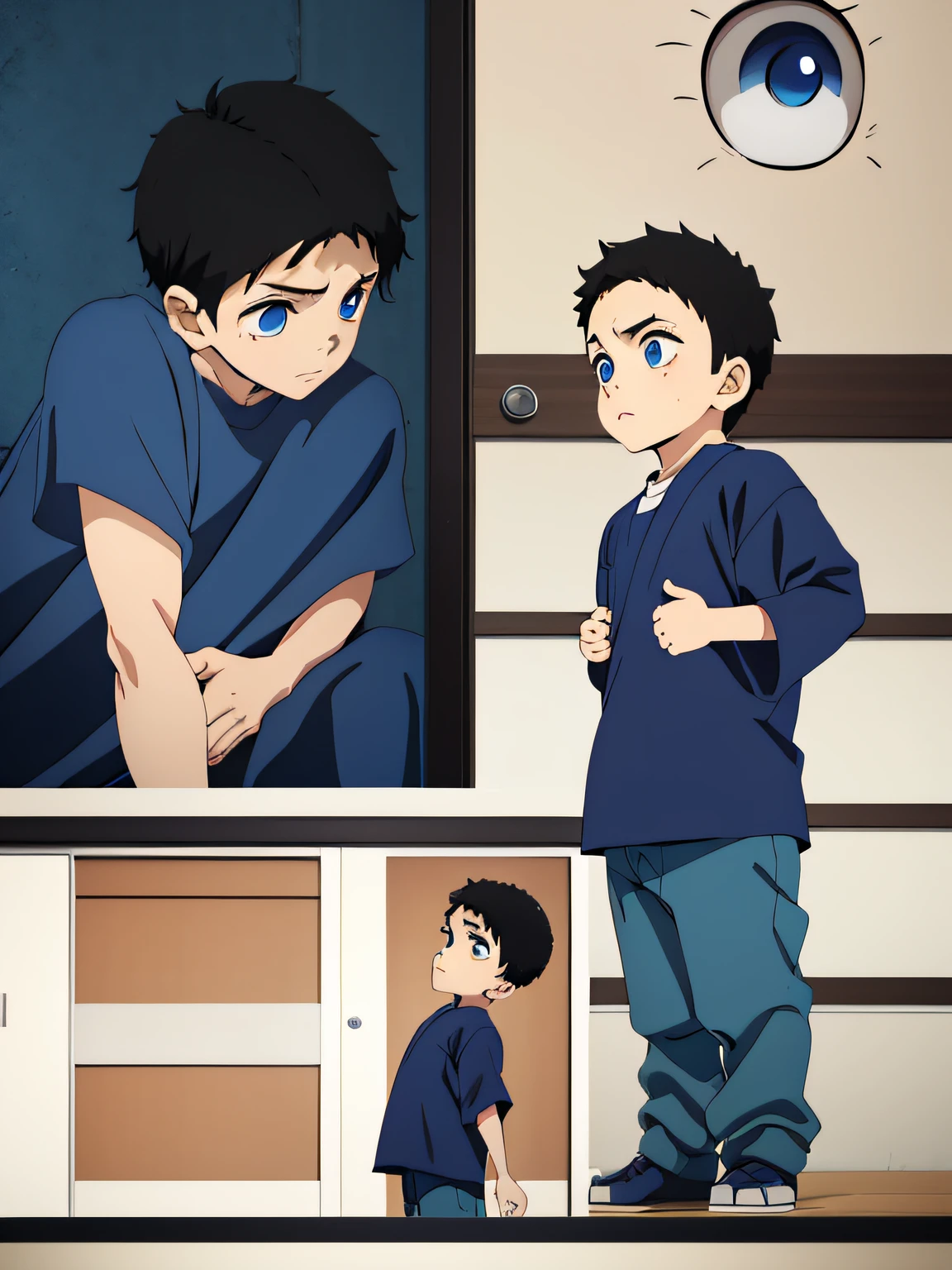 , anime, concern, with short dark hair, blue eyes, young age, character et, different poses, game props, with one eye closed, with his ear against the wall, different poses