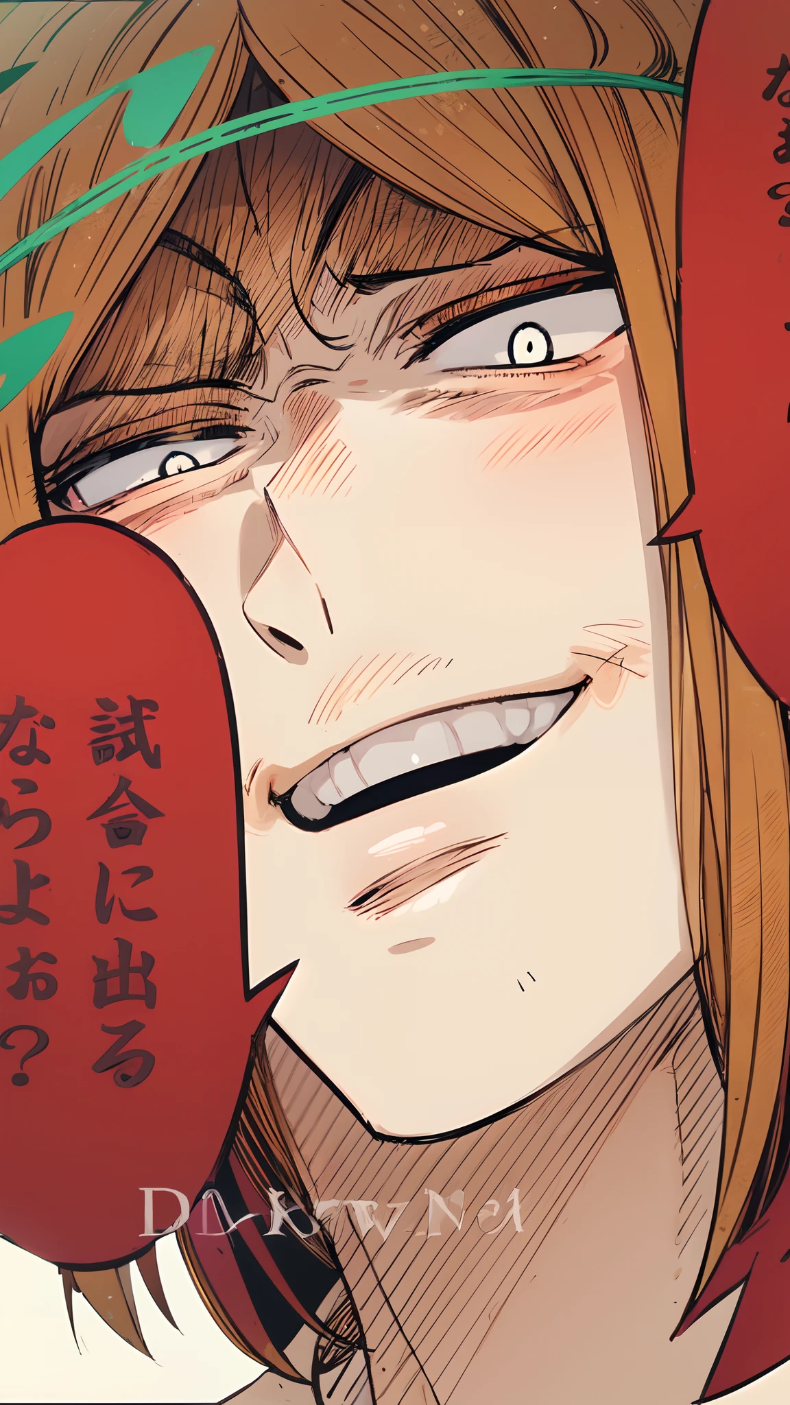 a anime of a boy cartoon, close up, smirk, evil smile, open mouth, blonde hair, manga, text manga, color manga, manga color, color manga, color manga panel, a simple background