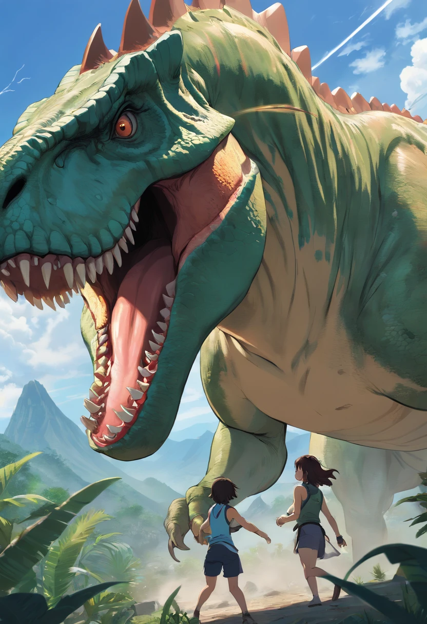 Tyrannosaurus rex vs. triceratops fierce battle, (Best quality, 4K, A high resolution, ultra - detailed), Fierce struggle, Roars and horns, Dusty prehistoric landscape, realistic shaded, Vivid colors, (A detailed, 复杂, Exquisite) Dinosaur scales and textures, dynamic movements, (irate, Determined) The expression on the face of a dinosaur, (stark, Muscular) institution, Sharp teeth and horns, (big assa, imponent) Size, (Dramatic, Dynamic) illuminating, (stark, Energetic) enhancing, (Tension, Anticipation) In the air,1 vs 1,bloods,Hunting,Defense dose,Fight to the death