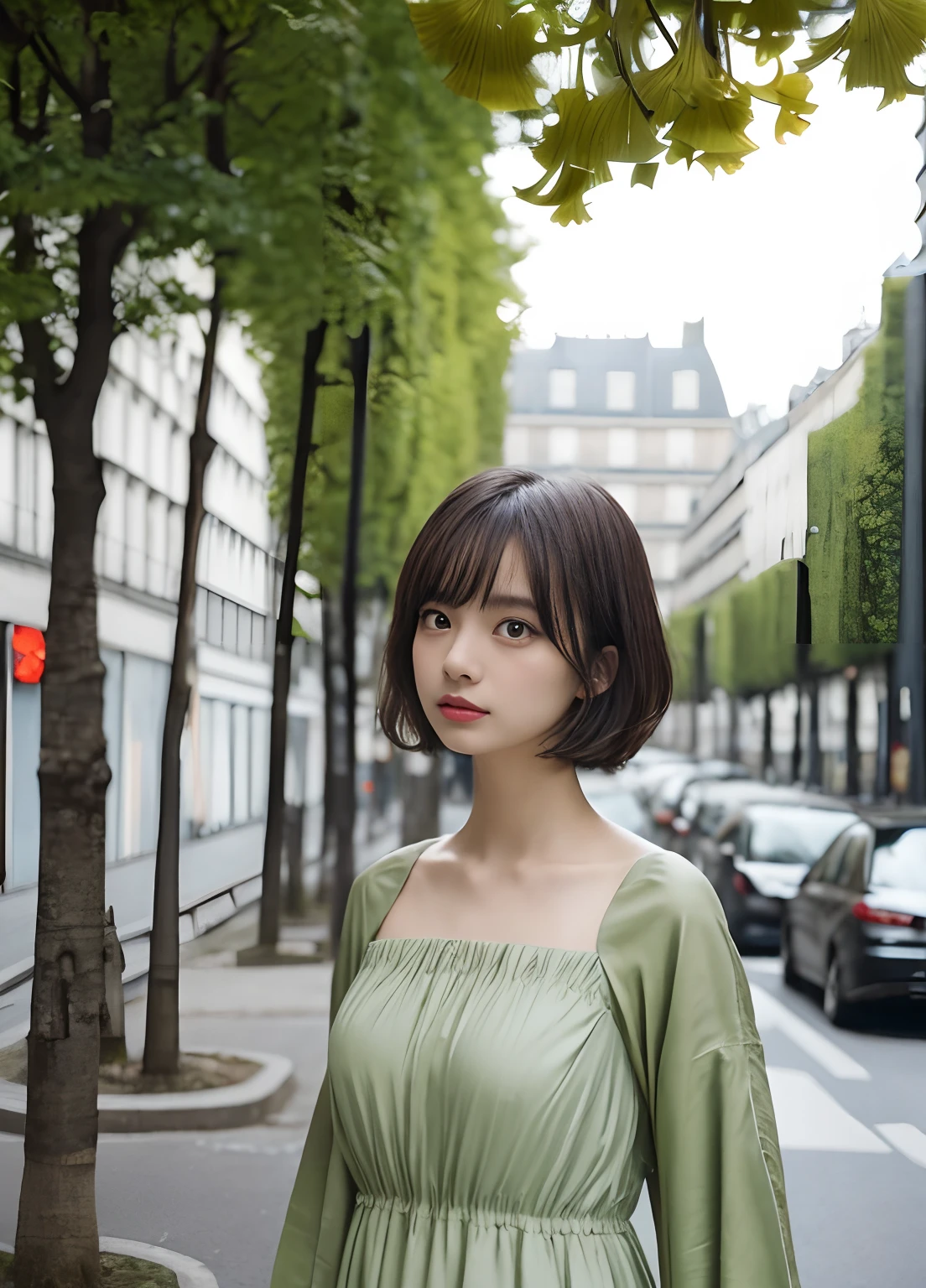 (delicate illustration:1.3),(masterpiece:1.0), (best quality:1.4), (ultra highres:1.2), (photorealistic:1.5), (cinematic),high contrast, bokeh, (hdr:1.4), dramatic lighting, sidelighting, (8k, RAW photo:1.2), (sharp focus:1.3), (((full body))),(film gain:0.9), (vhsbvideo:0.8), (analog film photography:0.8), lomography, HOLGA, HOLGA DIGITAL, BANZART ZIEGEL, Lomo LC-A 120, EKTACHROME E100,view from side,
break,
(23yo:1.4),(((1girl , dancing))),(wearing detailed olive-green m-51 parka on white chiffon tiered dress :1.3),((brown contacts, sweaty colored skin)) ,huge breast, cleavage, open mouth, bangs:1.5,airly wavy short bob cut, messy hair,woman,
break,
(((background is detailed ginkgo avenue in paris, crouded, twilight ))),round face, (baby face),no-makeup,beautiful detailed eyes, tareme, (small eyes),thin_eyebrows,(face focus), slim, slender waist, thin leg, converse sneakers,  (japanese famous actress),(cute), (beautiful),eye bags,