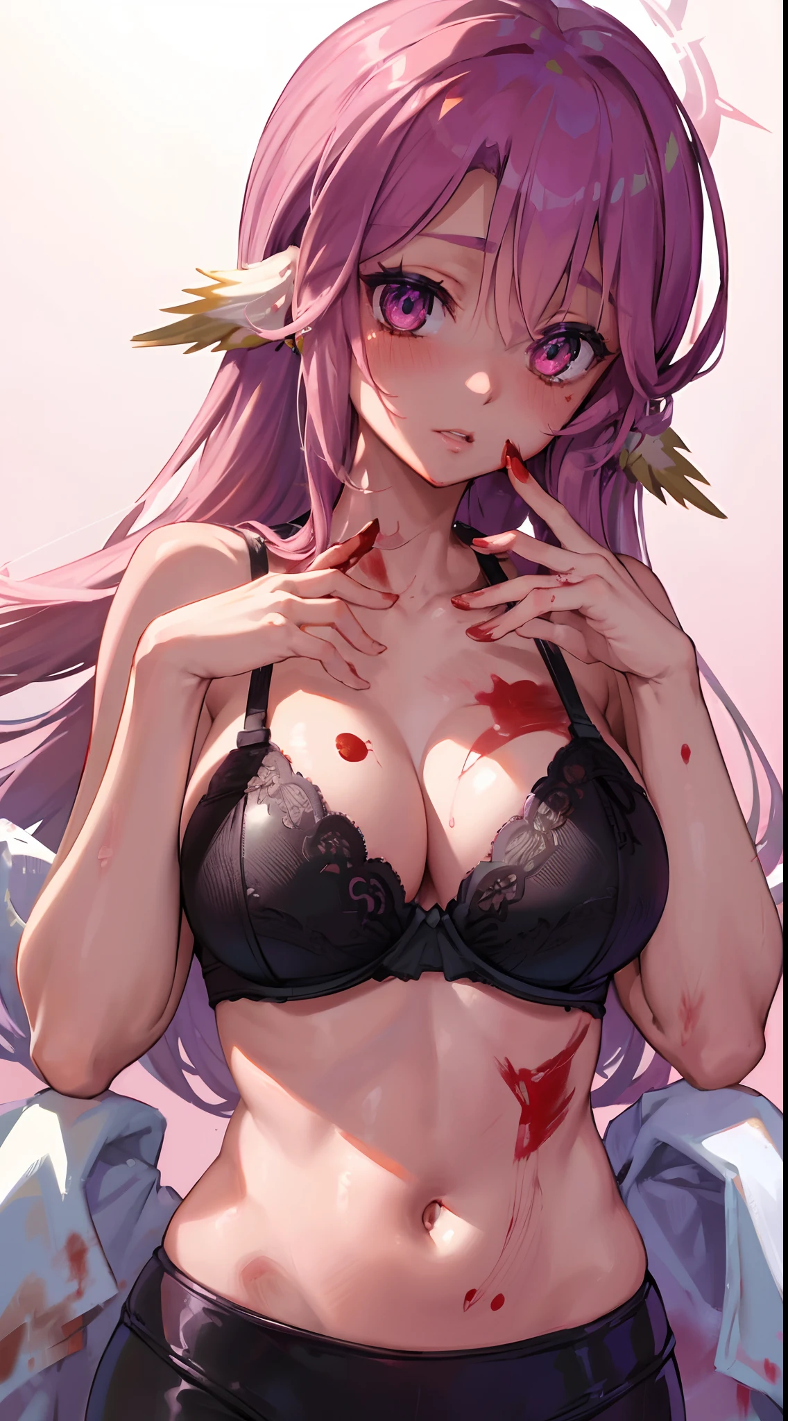 Jibril, upper body, blushed, perfect anatomy, detailed eyes, detailed lips, extremely detailed eyes and face, vivid colors, sharp focus, bra, masterpiece:1.2, ultra-detailed, bra, blushed, (((blood on hands))), ((bra)), (solo), blood, healthy skin.