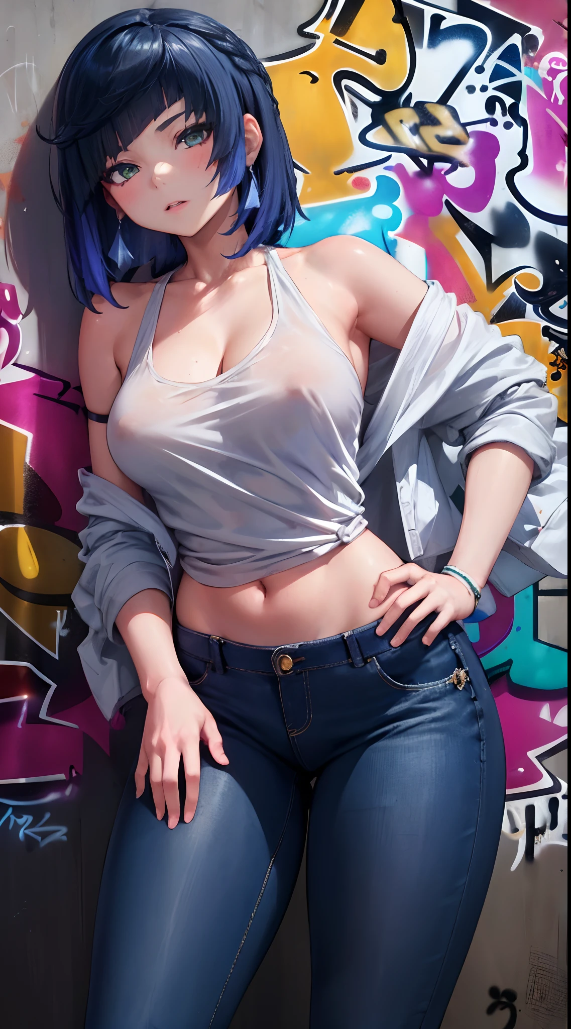 Yelan|genshin impact, master-piece, bestquality, 1girls,25 years old, shorts jeans, Beautiful breasts, bara, Long Jeans, (Graffiti:1.5), Splash with purple lightning pattern., arm behind back, against wall, View viewers from the front., Thigh strap, Head tilt, bored,