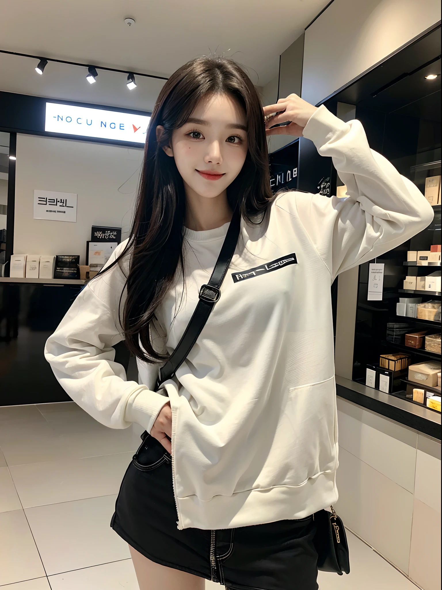 masterpiece、top-quality)、1 beutiful girl、Slim body、((Black and white plain clothes:1.1))、(Detailed beautiful eyes)、Walk around the store、((Boyish Brown Medium Hair))、((Smaller face))、((Neutral face))、((Face seen from the side))、((Light brown eyes))、((Korean Girl))、((18year old))、((cool lady))、((Smiling expression))、((Korean Makeup))、((elongated and sharp eyes))、((Happy dating))、((looking distantly))、((boyish))、((Shot from the same height as your face))、((Viewers are tall))