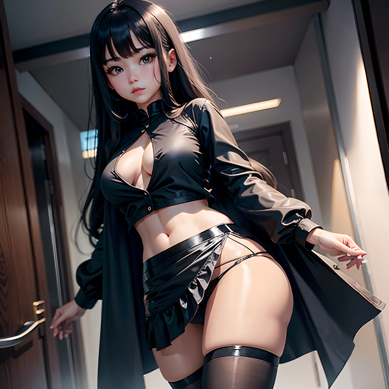 Siamese black silk,Wear a skirt to expose your panties