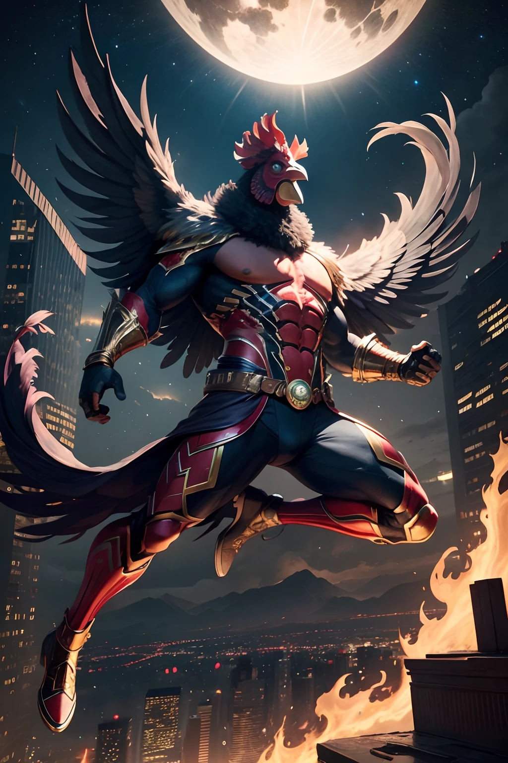 rooster mask, marvel style, full body, flying power, night sky, city below, masterpiece, ultra high detail, ultra high quality
