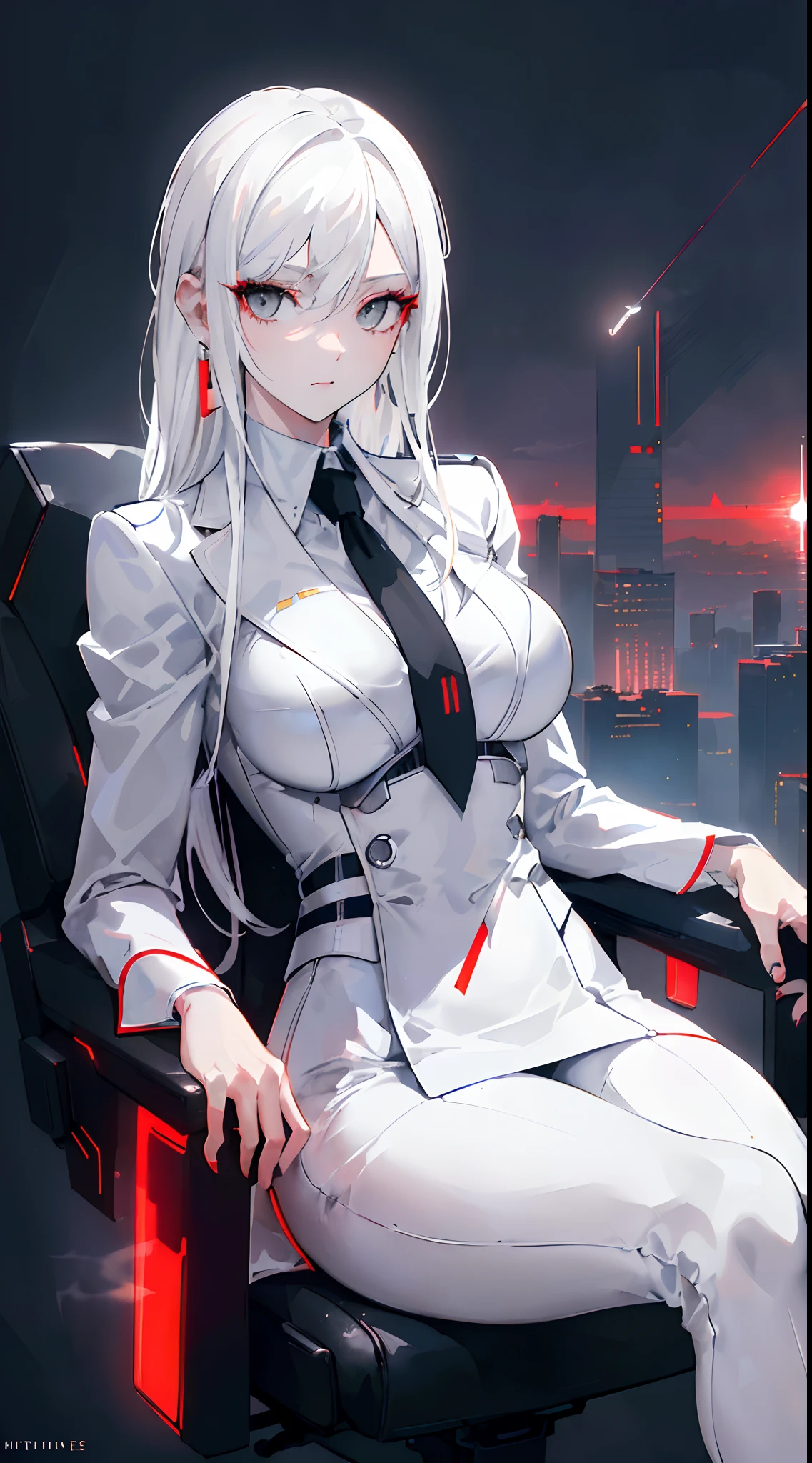 (masterpiece:1.3), (8k, best quality: 1.4), (1girl), beautiful face, (realistic face), Nice hairstyle,,Nice detail eyes,(),Beautiful Skin,Ridiculous,attractive,Ultra high Resolution,an ultra realistic,RAWExtremely detailed,golden proportions, Woman wearing business outfit, white formal blazer, white blouse, white high waist business skirt, beautiful, masterpiece, best quality, perfect lighting, (white hair:1.4), long hair, messy hair, (grey eyes:1.2), slender build, thin, medium breasts, business woman, ceo of small arms and aerospace centered mega corporation, sitting in luxurious black office chair, giant modern window with view overlooking dusk cyberpunk city skyline in background, torso shot, dusk, (cyberpunk city background:1.3), (Hazy sky:1.2), (Dim red sun:1.3), eyelashes, dark eyeliner, cyberpunk, older, sleek modern-futuristic office, (white clothes:1.2), (aerospace:1.1), (distant contrail rising up into the sky:1.3)