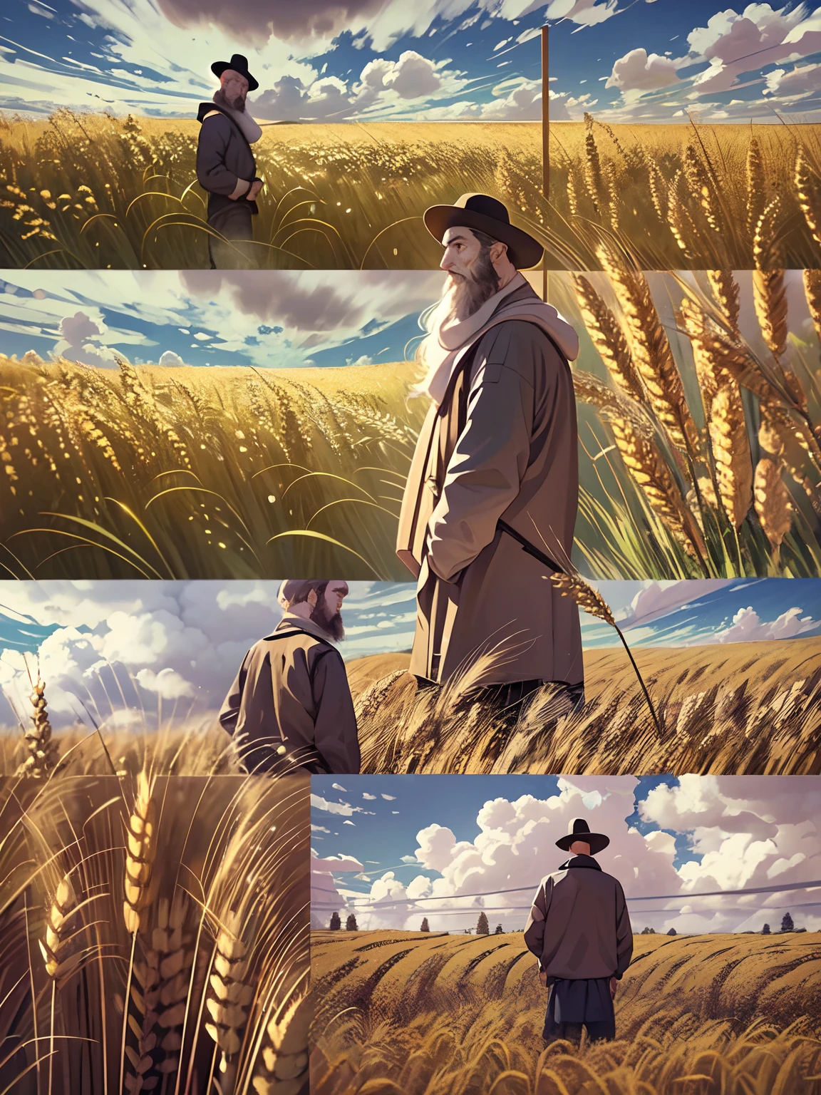 Wheat field, russian peasant witl long beard, standing in a wheat field, Russia, Leo Tolstoy, big clouds, blue sky, rice field, neat rice seedlings in the field, forest, hillside, secluded, rural, HD detail, hyper-detail, cinematic, surrealism, soft light, deep field focus bokeh, ray tracing and surrealism. --v6