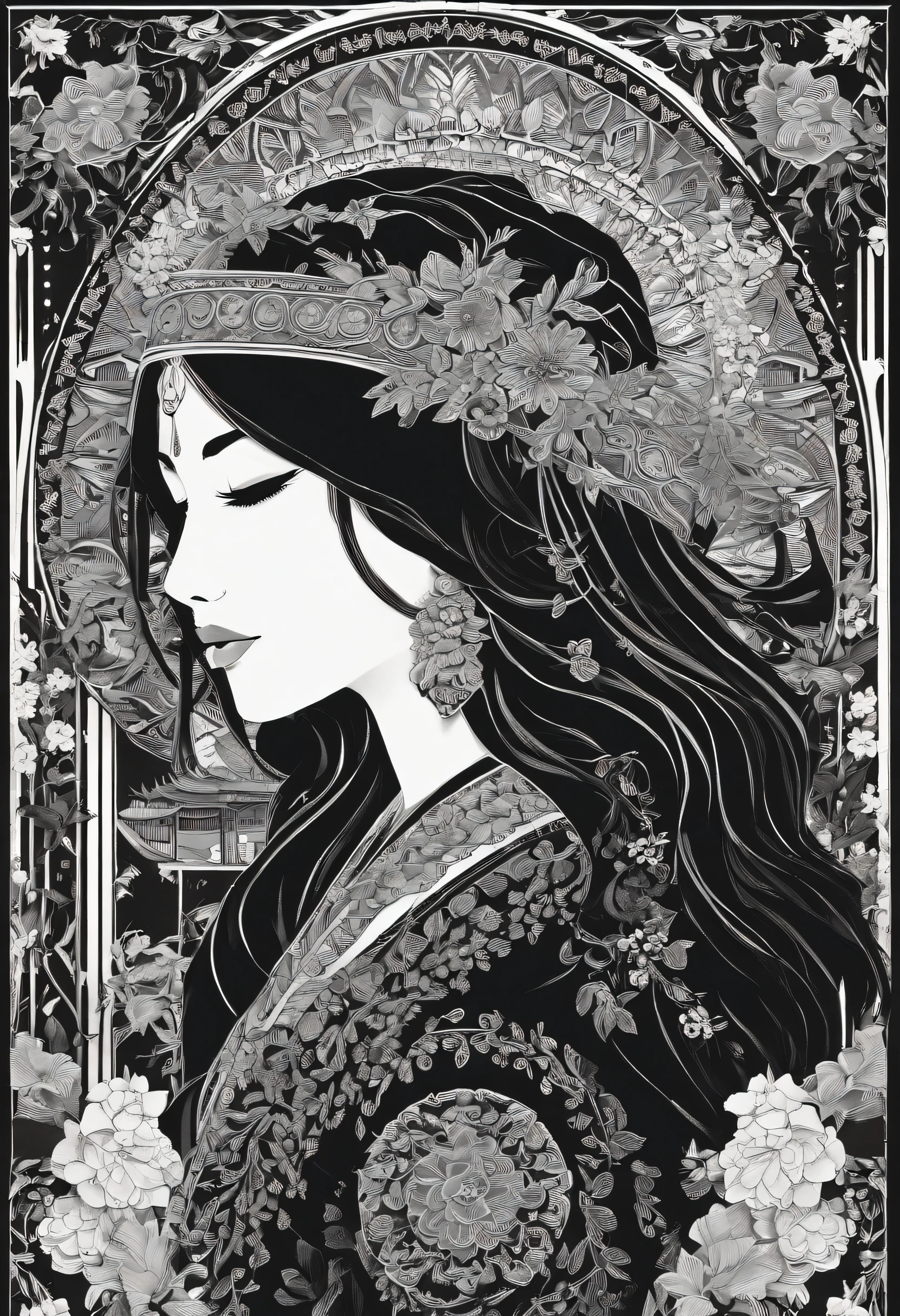 "(1 girl in black hippie fashion+rot+blanche), The upper part of the body、incredible details, Traditional background of Japan, Magnificent illustrations, Perfect picture quality"