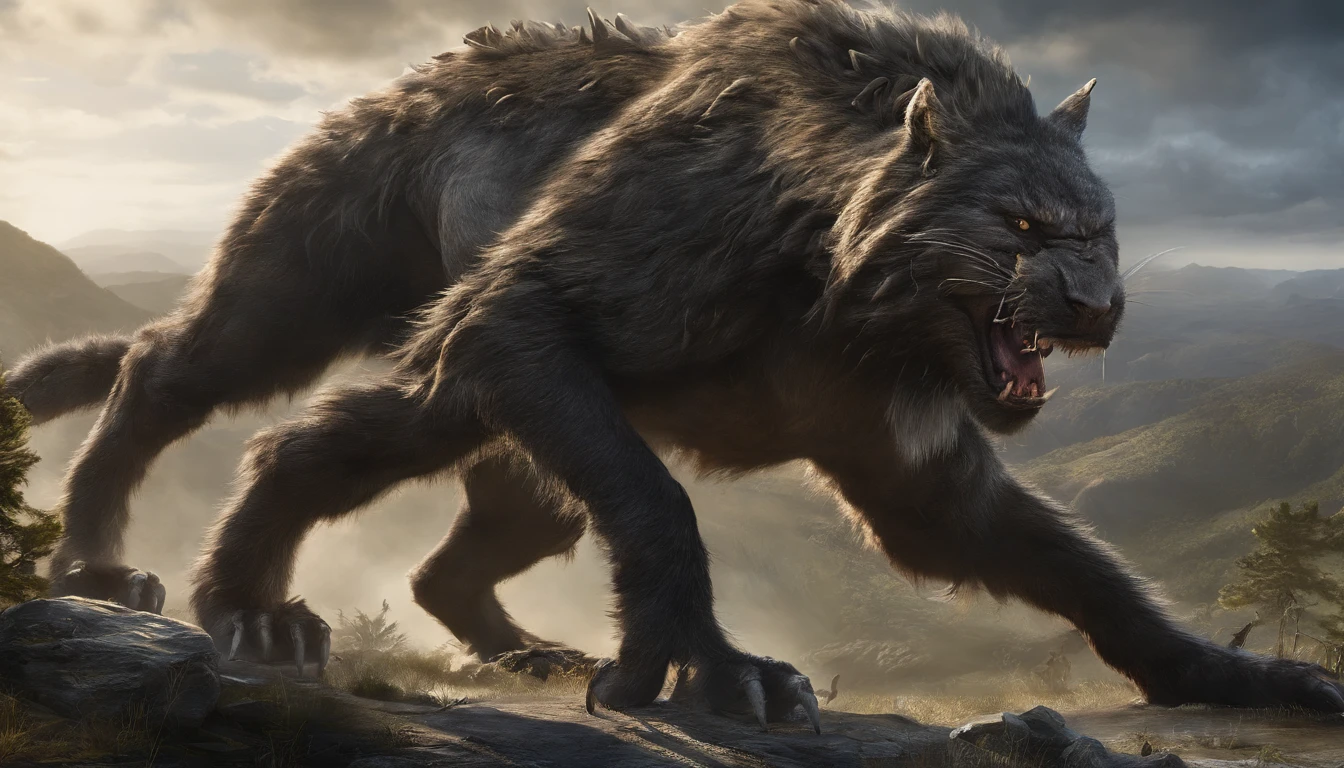 There is a monster in the mountains，Covered in furry，It has four large hooves，Eyes are round，The nose is black，Teeth and claws，The roar was thunderous。
