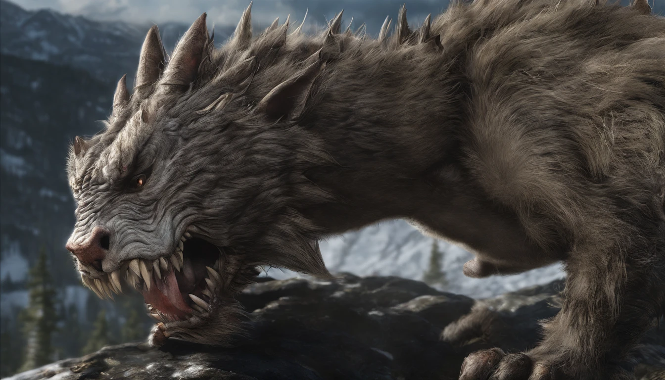 There is a monster in the mountains,Covered in furry,It has four large hooves,Eyes are round,The nose is black,Teeth and claws,The roar was thunderous。