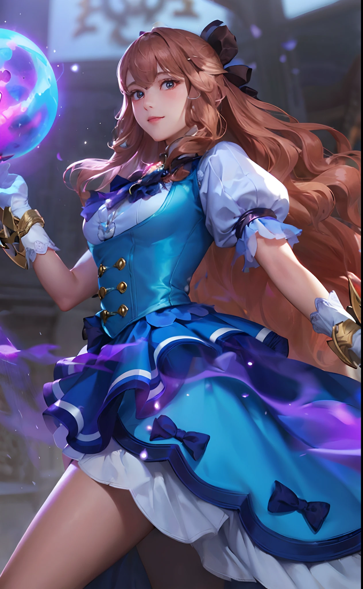 a woman in a blue dress holding a purple ball, beautiful celestial mage,