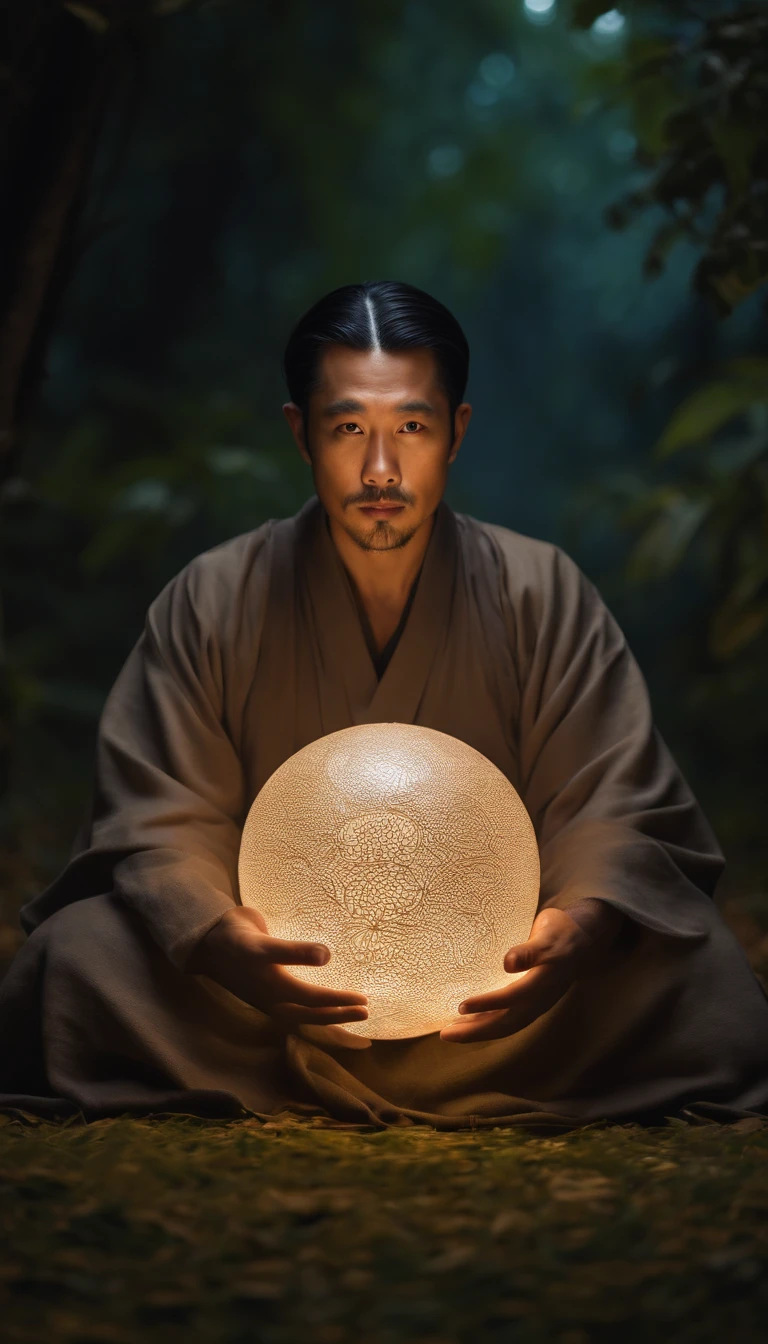 Close-up of 35-year-old middle-aged Asian man,Holding a glowing ball in his hand, a character portrait inspired by Hu Zaobin, shutter inventory, magic realism, Taoist master,Taoist, spell casting wizard, staring right into camera,Meditate cross-legged, at centre,Clear facial features,Very bright colors, Light particles, with light glowing, Mshiv, wallpaper art, UHD wallpaper