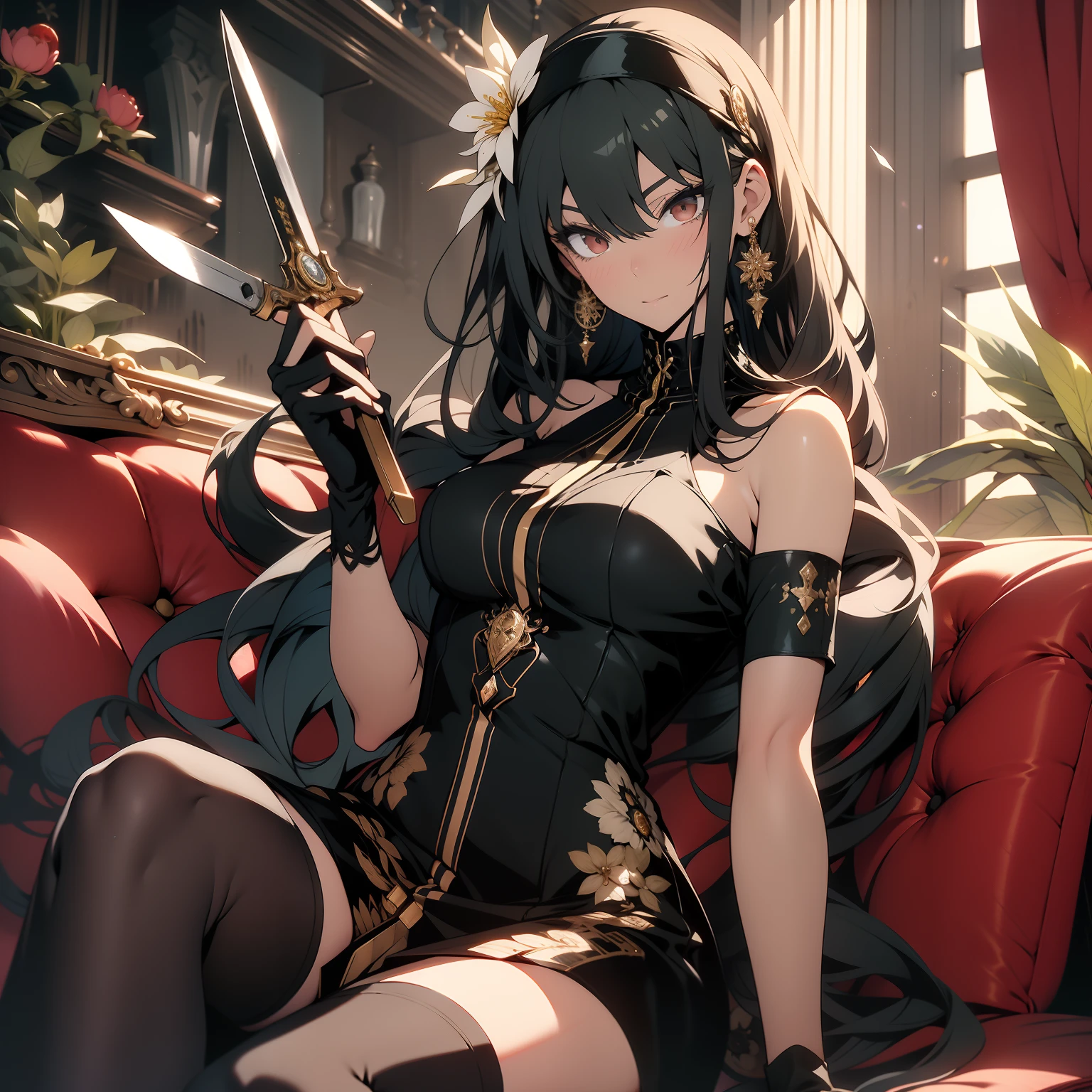 masterpiece, royal background, front light, yor, 1girl, solo, long hair, looking at viewer, large breasts, blushing, cleveage, (black hair), sneer, gold hair ornament, red eyes, thighhighs, gloves, dress, holding, bare shoulders, jewelry, lying down, floral background, couch, weapon, flower, sidelocks, hairband, dress, earrings, boots, black gloves, black thighhighs, hair flower, fingerless gloves, holding weapon, black dress, zettai ryouiki, thigh boots, knife, dual wielding, holding knife, dagger, lamppost, two-sided fabric, holding dagger, gold hairband, two-sided dress,