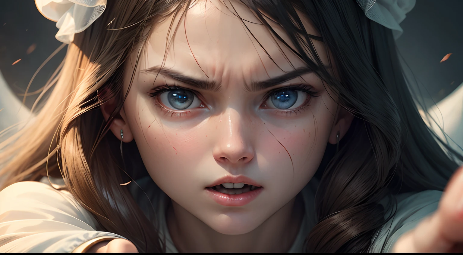 A close-up of Mary's face as she shoots the ghost, with a determined expression on her face.