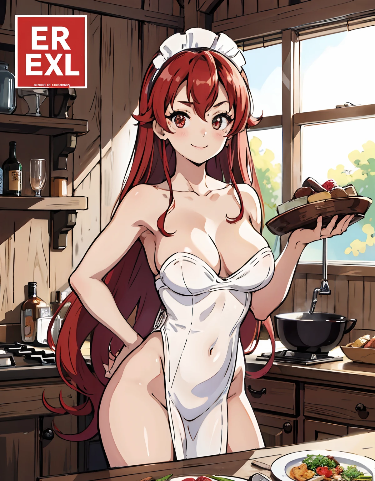 (Best Quality, Masterpiece),sexy , Front cover of a women's cooking magazine, , naked, erotic, 18+, nsfw, 1girl, 16 yunning, cute, smile, hourglass figure, Maid costume, beautiful food, text, diagrams, advertisements, magazine title, long red hair,red detailed sparkling eyes,One strand of hair hangs down over his forehead