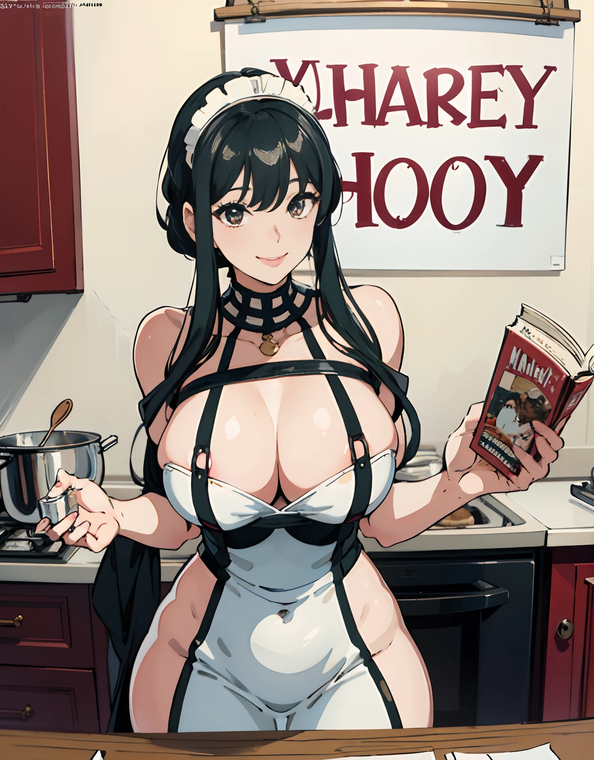 (Best Quality, Masterpiece),sexy mommy, Front cover of a women's cooking magazine, , naked, erotic, 18+, nsfw, 1girl, 30 years old, stunning, cute, smile, hourglass figure, Maid costume, beautiful food, text, diagrams, advertisements, magazine title, short black hair,black detailed sparkling eyes,One strand of hair hangs down over his forehead