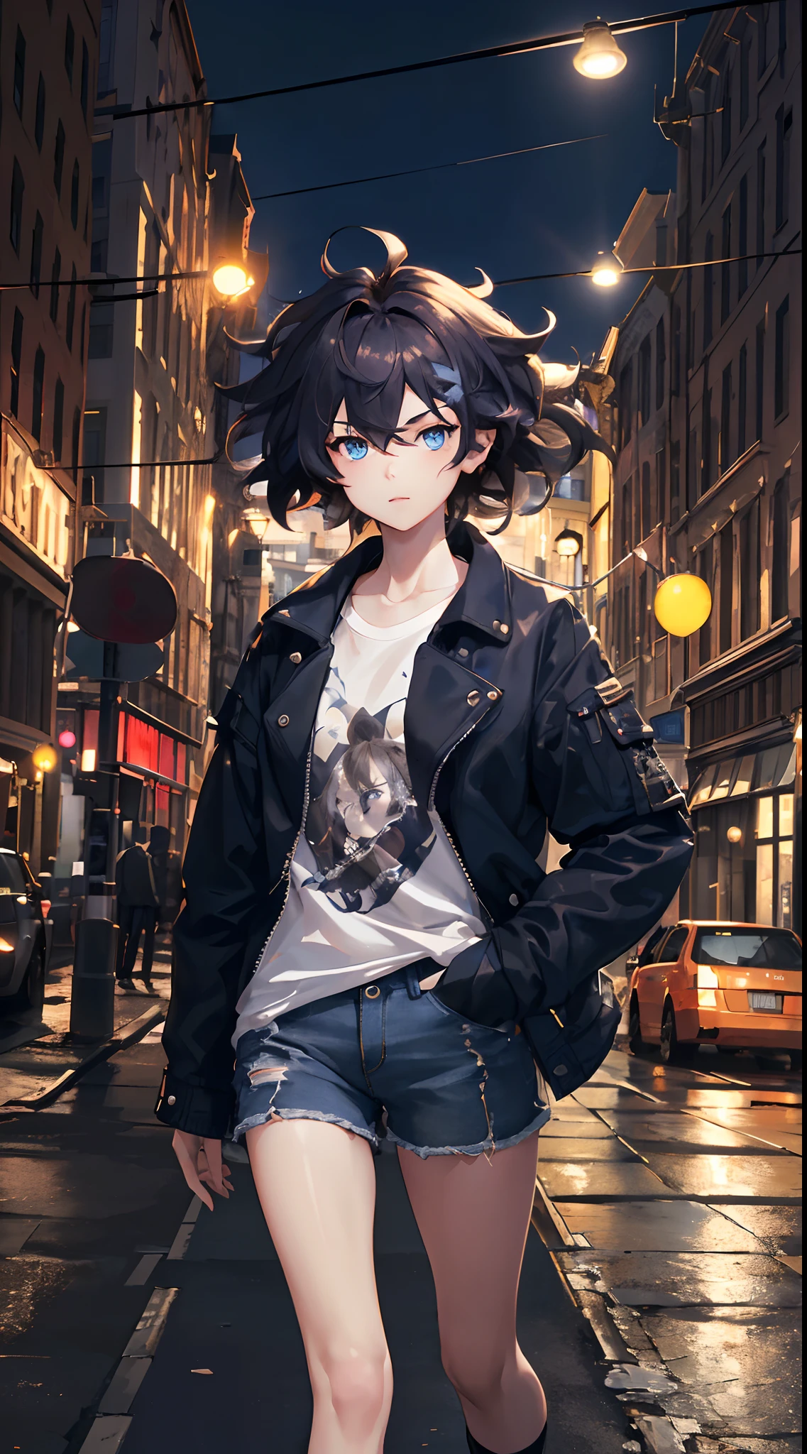 Masterpiece1.2),best quality, 8k))),1 girl , adult, messy hair, dynamic hair, hair,wolfcut,blue eyes,t-shirt,Jacket ,shorts , medium hips , half body portrait, city street, dynamic pose , adult, city, night, beautiful light, high environmental detail
