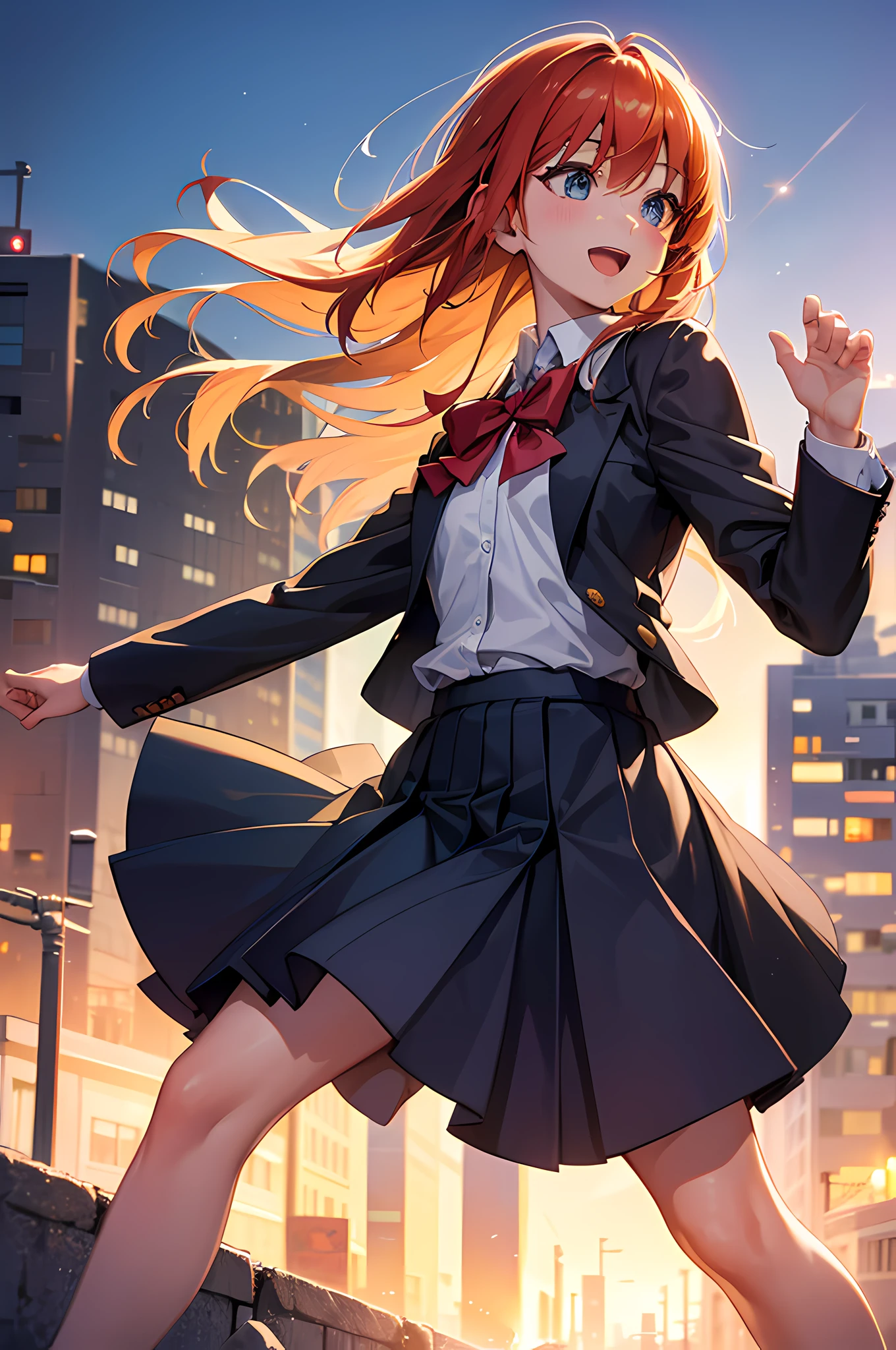 cute,hot,smile:1.1,blushed,school dress,perfect eyes,expressive eyes,dynamic pose,city background,cityscape,simple background,beautiful pose,full body),(best quality,8k,masterpiece:1.2),ultra-detailed,(realistic,photorealistic,photo-realistic:1.37),vibrant colors,soft sunlight,sharp focus,crisp details,lively atmosphere,joyful expression,energetic,playful,sunlit hair,motion blur,magical lighting,glowing city lights