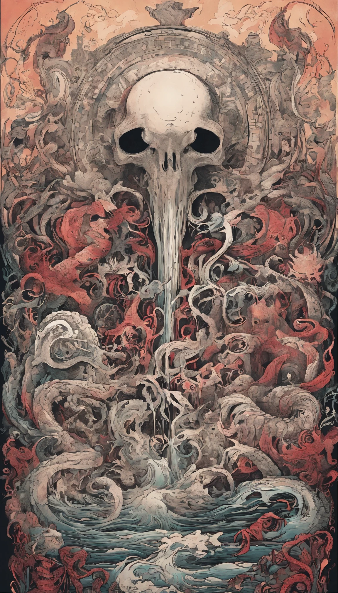 A masterpiece painting of World War 1, Craters,Periscopes,Flanders Fields, Hail, Smoke, Sinister,Shattered, Dread,PTSD,Isolation, Tarot cards, Cross-hatching, Framing, Duotone, ultra detailed, intricate, surrealism, glazing, dry brush, oil on canvas