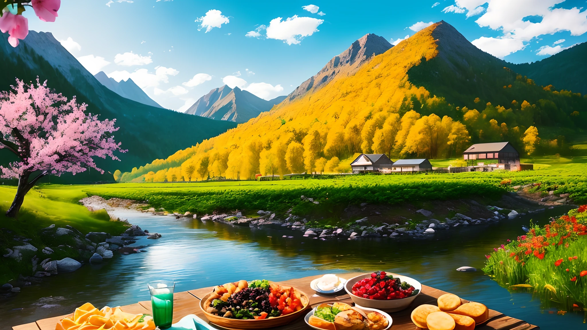 This picture sounds very pleasant and romantic，It seems to be a landscape painting of spring。Beautiful beauty with long curly hair chooses to picnic by a creek deep in the mountains，What a pleasant way to enjoy the beauty and tranquility of nature。She held a wine glass in her hand，Reflecting the sun，It makes people feel warm and pleasant。

The ground is full of food，There may be a variety of delicious foods，Maybe fruit、cheeses、breads、Potato chips and so on，Add a delicious color to this picnic。And the blooming red of the mountain adds a bright red touch to the scene，Make the whole picture more colorful。

Moments like this seem like a perfect leisure time，A moment to immerse yourself in the beauty of nature and the deliciousness of food。This spring scene is undoubtedly an intoxicating picture，Bringing people into a world full of beauty，4K，Very high definition，Cinematic lighting effects，Very detailed，