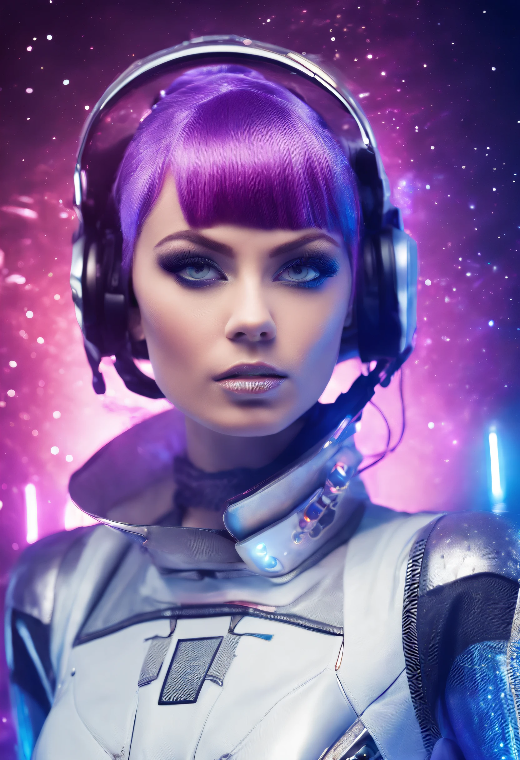 high quality portrait, RAW photo of young English woman, Lt Ellis UFO TV series, purple hair bangs, 60s style, retro, silver mesh top, futuristic silver make up, brightly lit moon base command centre background, cumputer boards and communications consoles, natural pale skin texture, interior, cinematic, short depth of field, intricate, elegant, detailed textures, sharp focus, movie scene, full colors, incredibly detailed, 4k, 8k,
