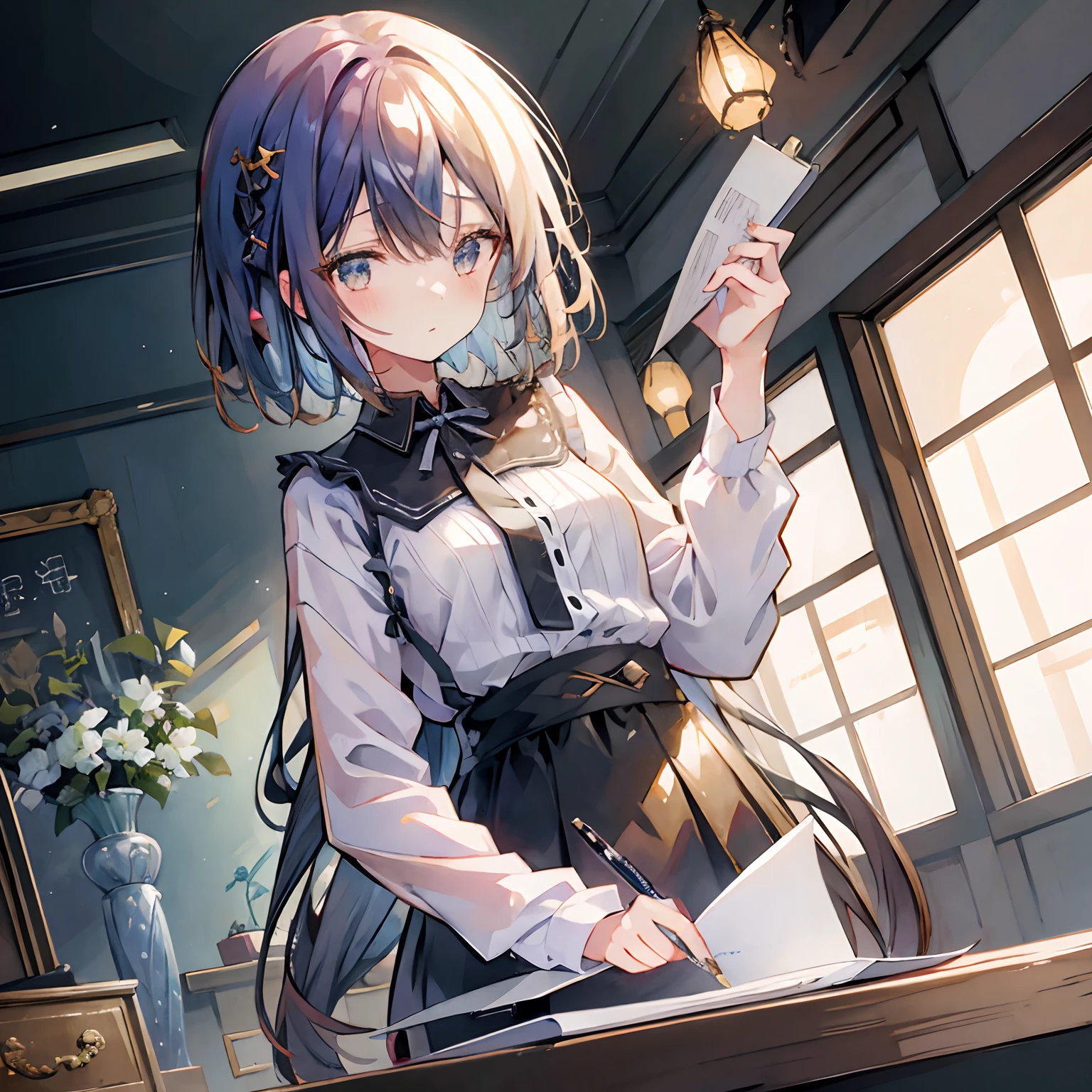 Girl with fountain pen on desk detaileds Dramatic Lighting Matte texture Shallow depth of field pixiv style high-angle shot wide angles cel anime