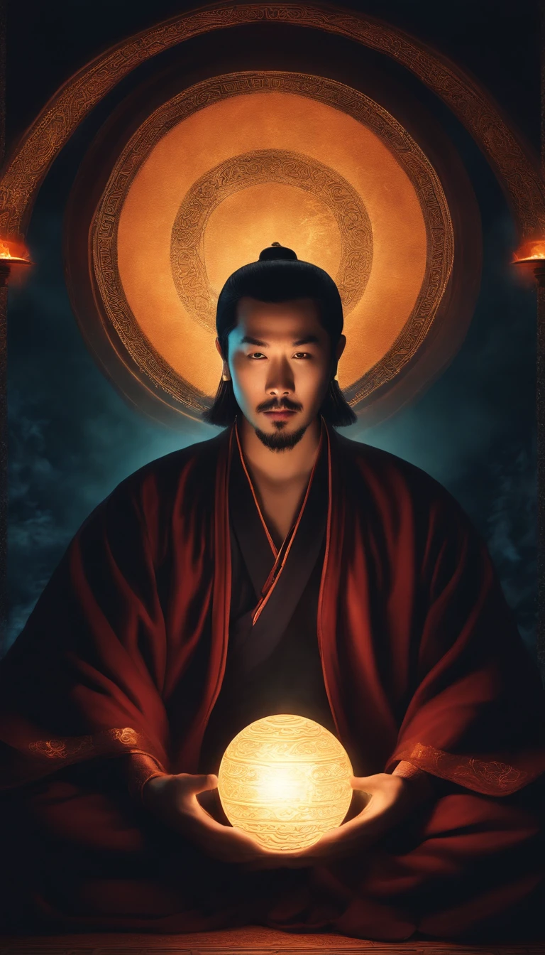 Close-up of a 35-year-old middle-aged Asian man,Holding a glowing ball in his hand,staring right into camera,Meditate cross-legged, at centre, a character portrait inspired by Hu Zaobin, Taoist master,Taoist, spell casting wizard, Clear facial features,Very bright colors, Light particles, with light glowing, Mshiv, wallpaper art, UHD wallpaper
