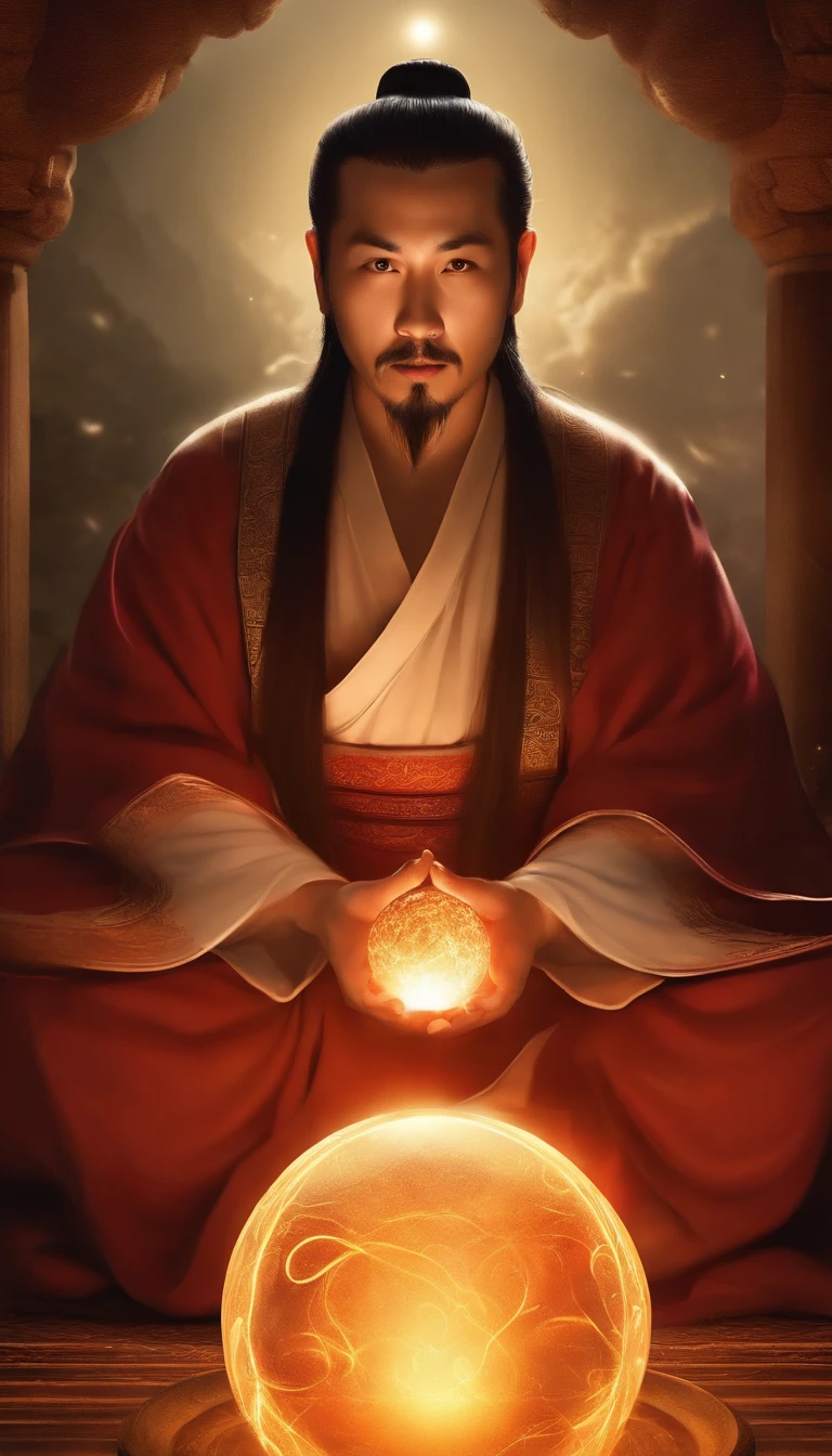 Close-up of a 35-year-old middle-aged Asian man，Holding a glowing ball in his hand,staring right into camera，Meditate cross-legged, at centre， a character portrait inspired by Hu Zaobin,   Taoist master,Taoist, spell casting wizard, Clear facial features，Very bright colors, Light particles, with light glowing, Mshiv, wallpaper art, UHD wallpaper