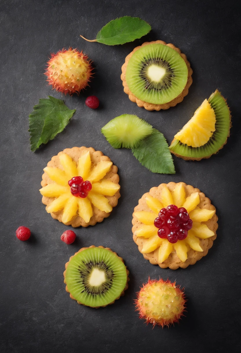 Cookie, kiwi, pineapple, Krubnik, Cloudberry, tea